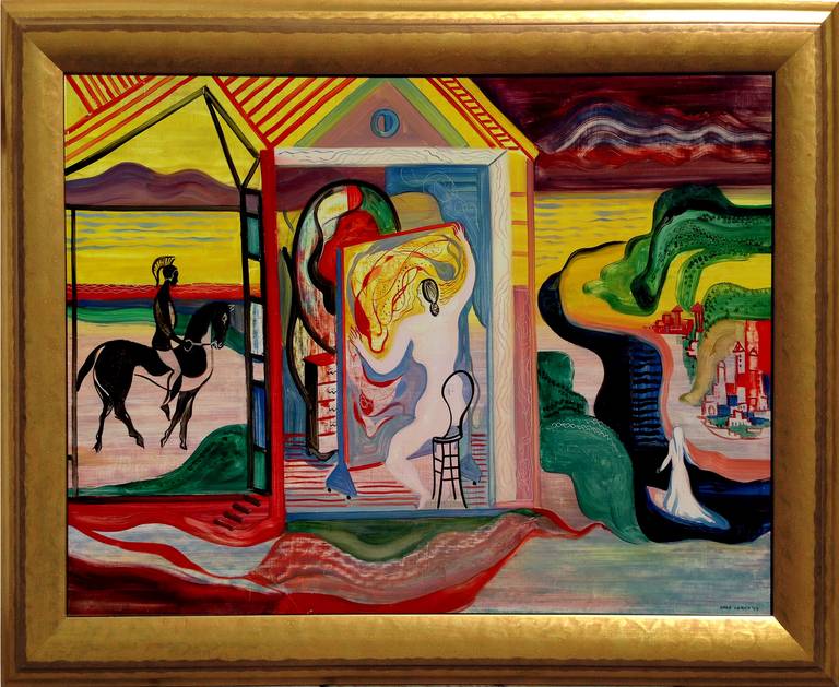 San Francisco Bay Area oil painting, Three Dreams, by Erle Loran (American, 1905-1999), a modernist of urban and coastal views and geometric painting. Signed lower right "Loran '44," on verso "Loran 1944." Provenance: Erle Loran Estate. Image, 26"H