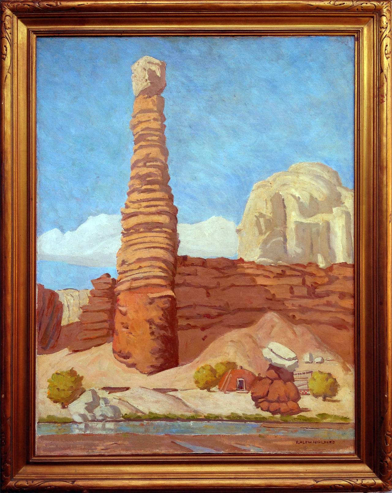 Ralph Holmes Landscape Painting - Mid Century Monument Valley Desert Landscape -- Navajo Hogan and Rug Loom