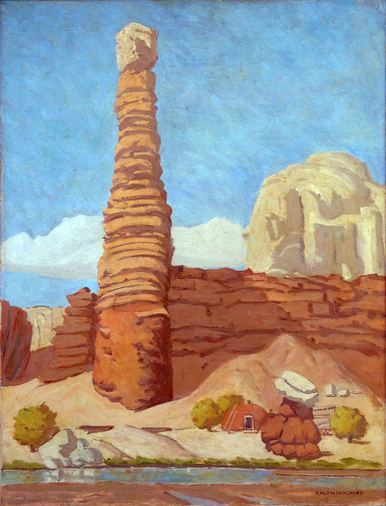 Paesaggio del deserto della Monument Valley di metà secolo - Hogan Navajo e telaio per tappeti - Painting di Ralph Holmes