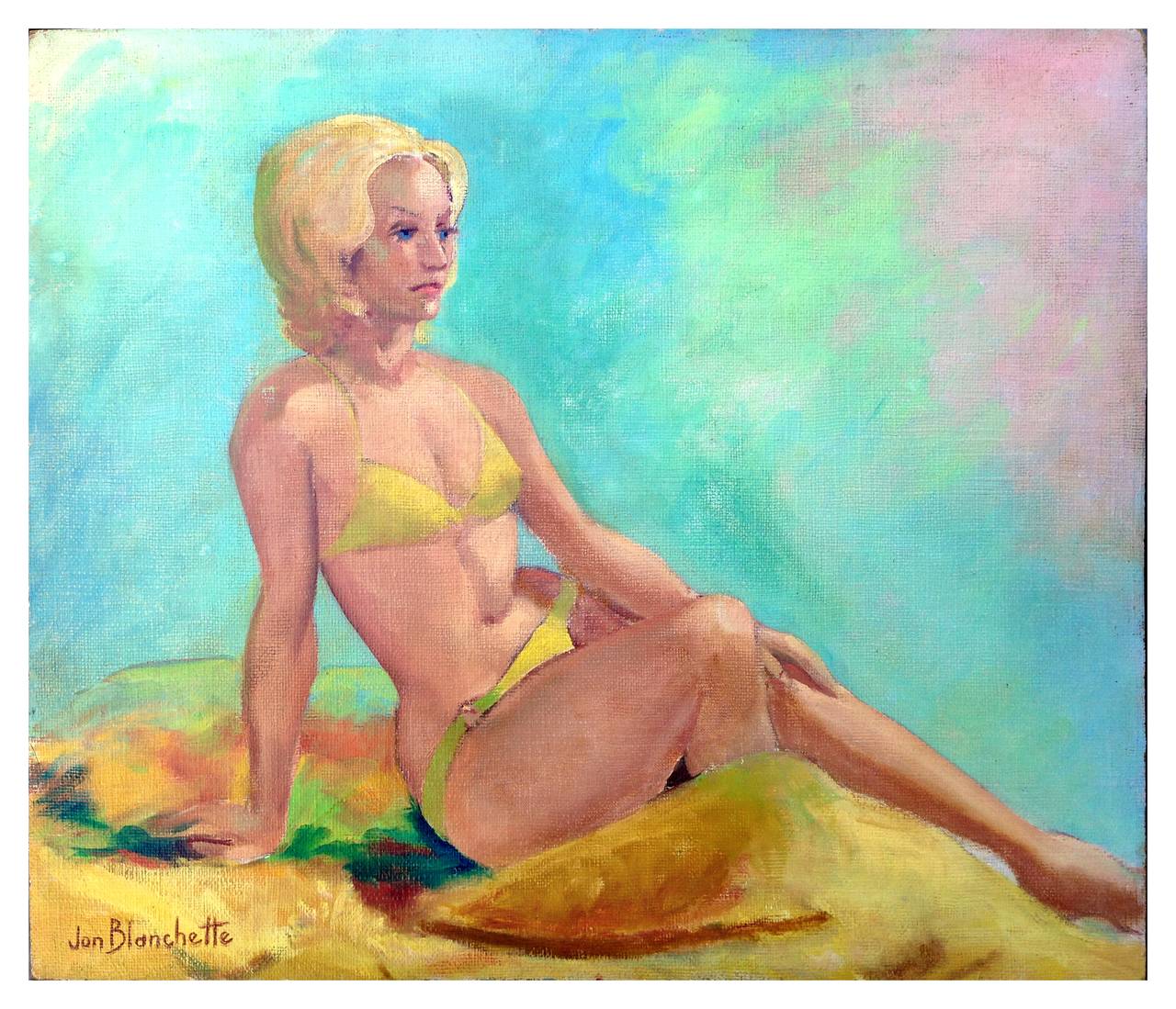 Basking in the Sun - Mid Century Colorful Female Figure Painting 