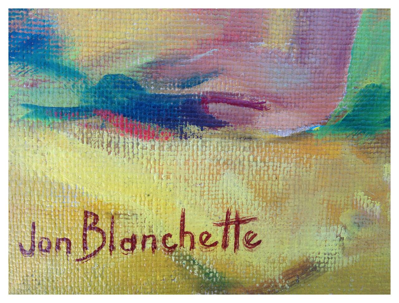 Lebendiges, mehrfarbiges Ölgemälde einer in der kalifornischen Sonne badenden Frau von einem bekannten kalifornischen Künstler  Jon Blanchette (Amerikaner, 1908-1987).  Signiert 