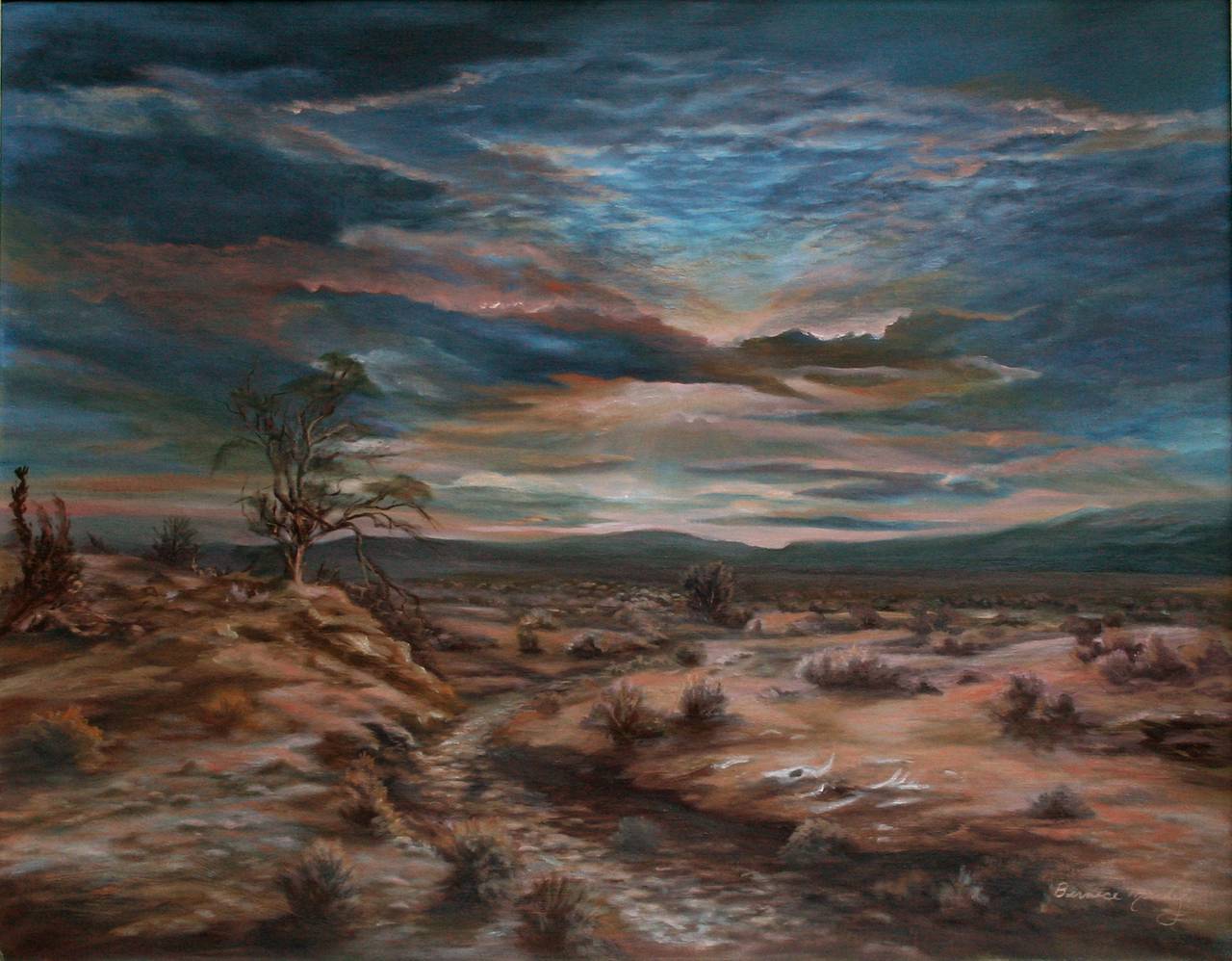 Mid Century Desert Sunset Landscape by Bernice Michel  - Painting by Bernice Mitchel