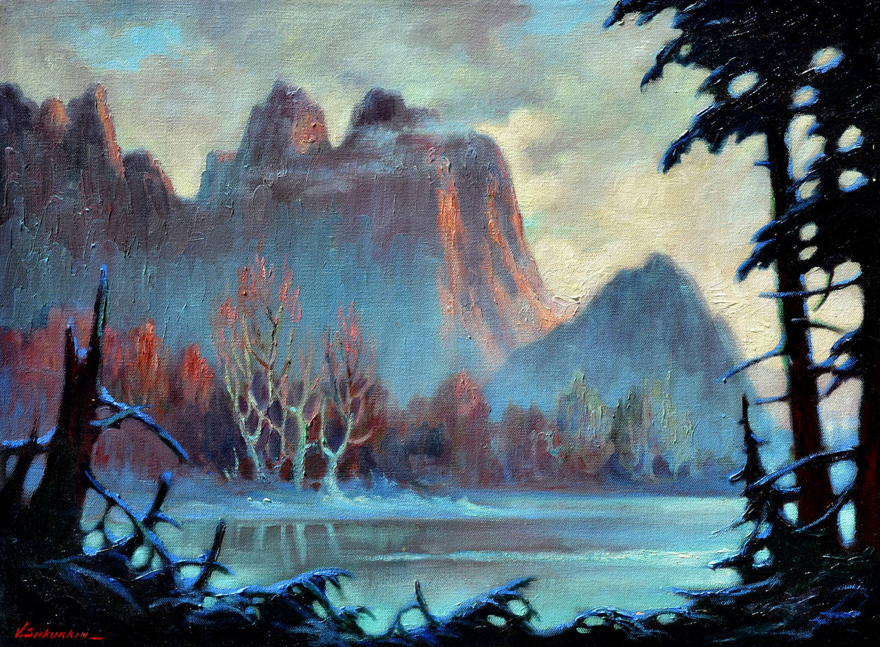 Landscape Painting Vladimir Shkurkin - Park de Yosemite du milieu du siècle dans un paysage d'hiver