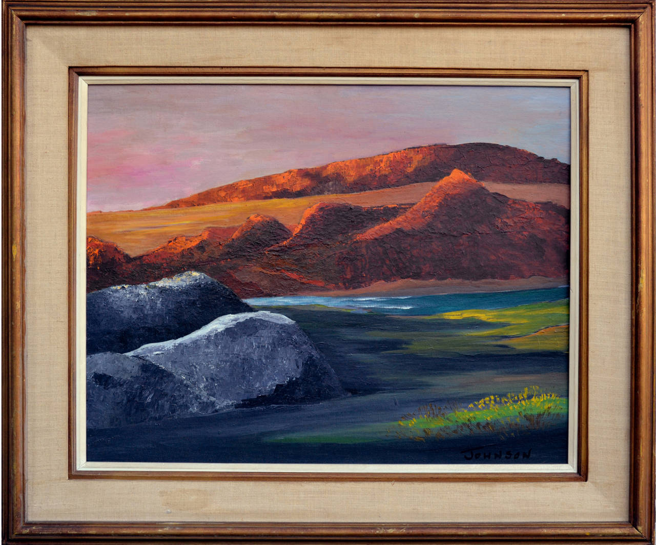 Midcentury oil painting of Baja, California, circa 1960. Signed lower right corner "Johnson." Displayed in a rustic wood frame. Image, 23"H x 29"W.