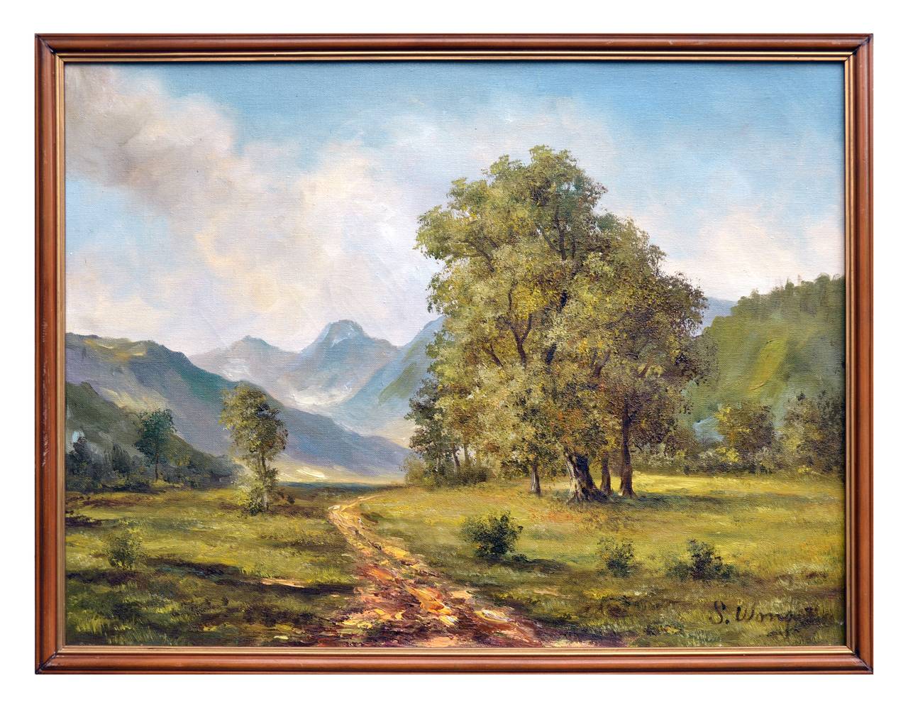 Picturesque Carmel Valley Sycamore Grove Park scene by 1940s San Francisco artist, S. Wong (American, 20th-century). Displayed in a giltwood frame. Image, 19"H x 25"W.