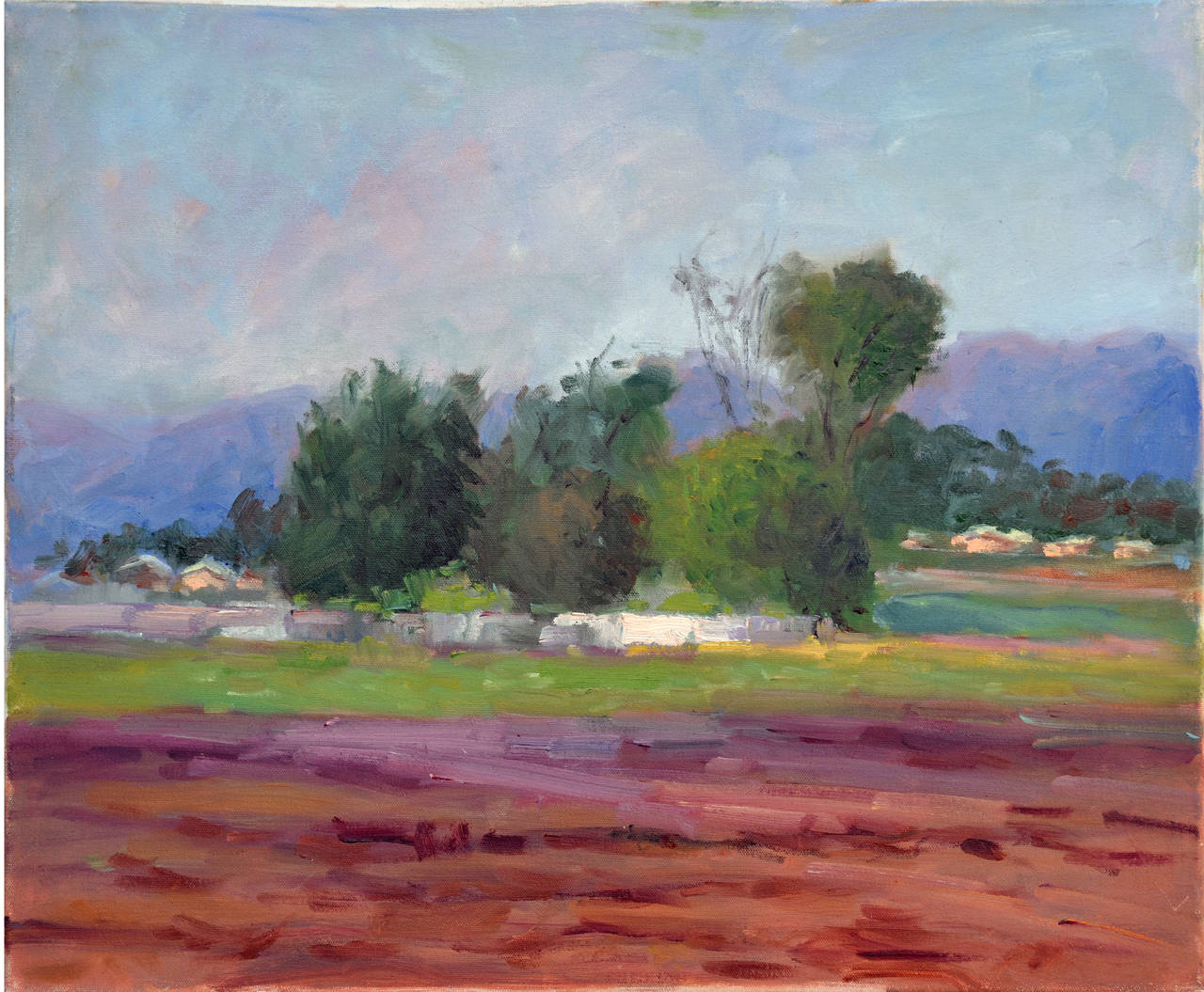 Gorgeous Plein Air painting of the California countryside with blue mountains attributed to California landscape painter Jack Lynn (American, 20th century). Unsigned. Unframed.