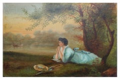 Femme au bord du lac - Paysage figuratif de la fin du XIXe siècle 