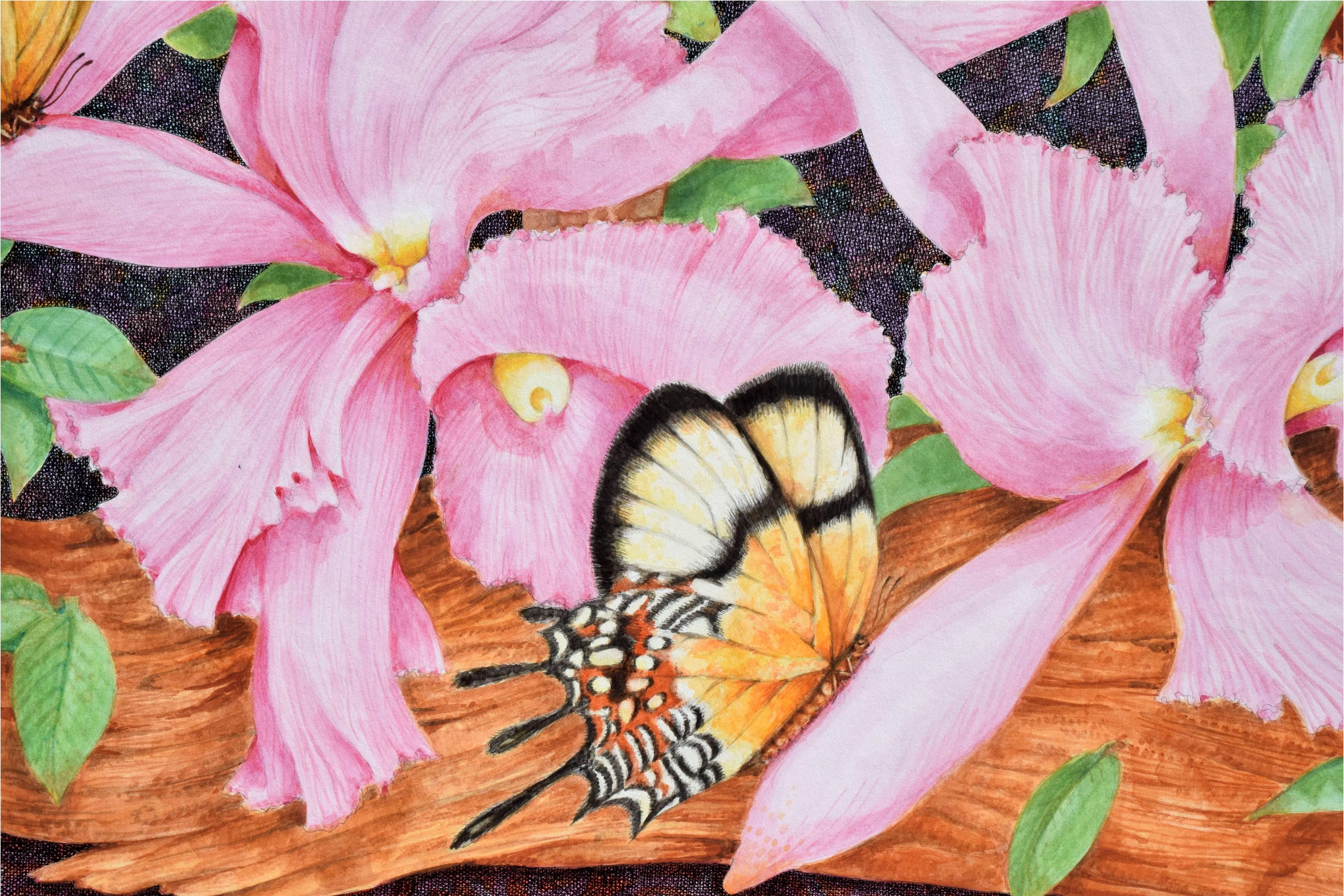 Mariposas e hibiscos - Landscape Painting Beige de Ben Black