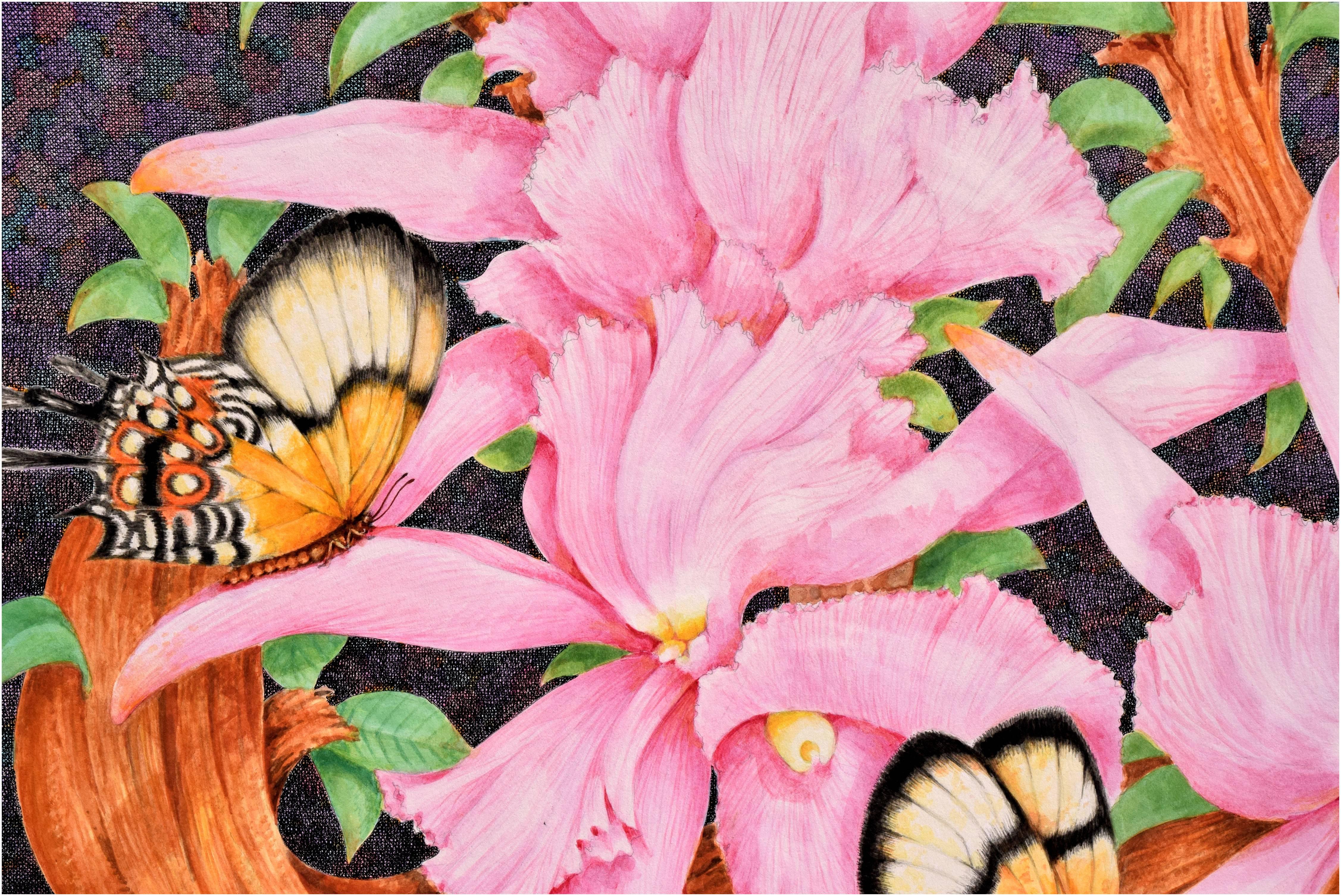 Precioso dibujo de Hibisco doble y Mariposas bailando alrededor de un tronco, de Ben Black (estadounidense, 1922-2003). Firmado y fechado 