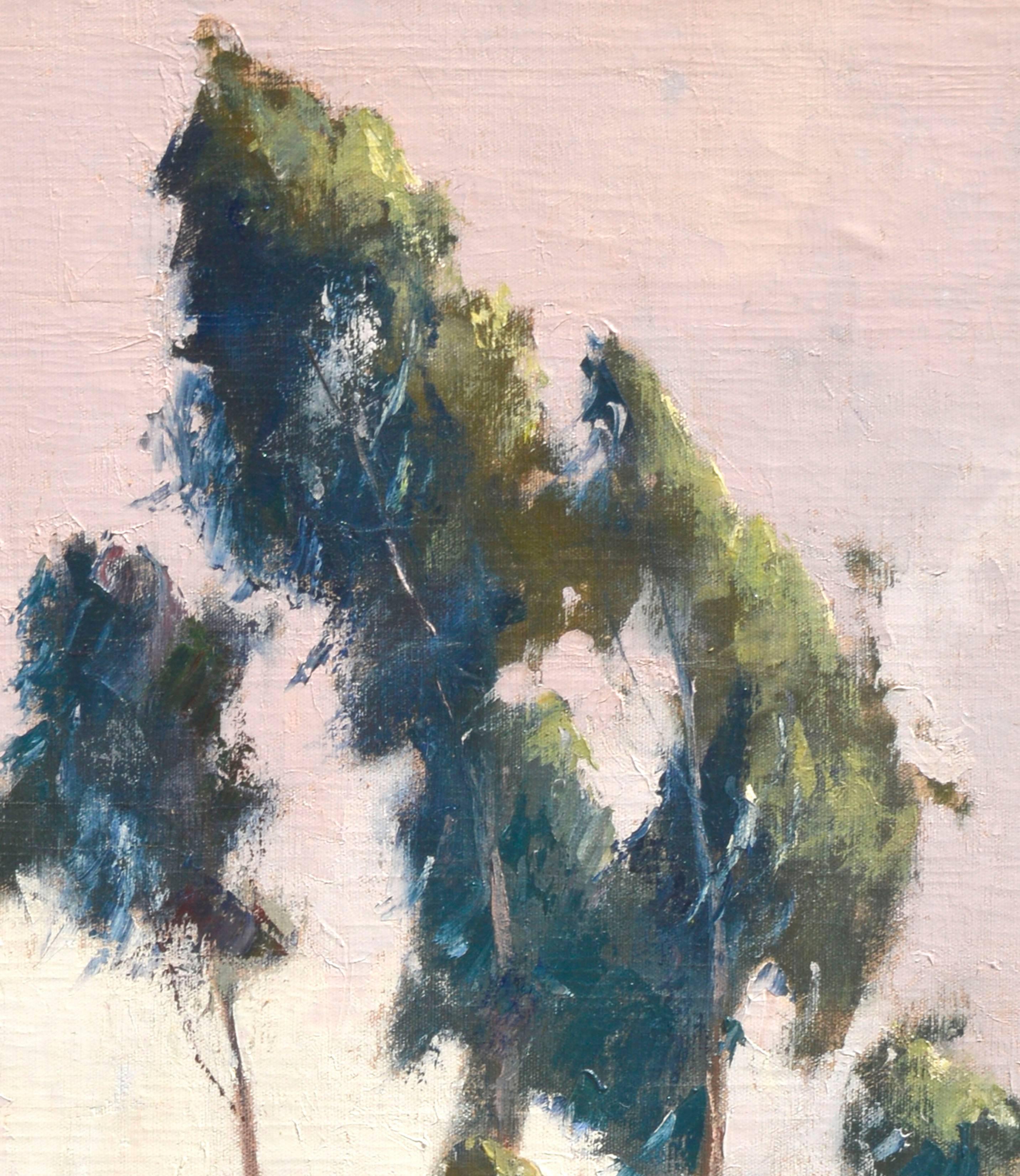 Roadside Eucalyptus Trees, Mid Century Vertical Landscape by Jon Blanchette 

Gorgeous mid-century plein air landscape painting of a tall Eucalyptus tree along a California road side by Jon Blanchette (American, 1908-1987), c.1960. The vertical