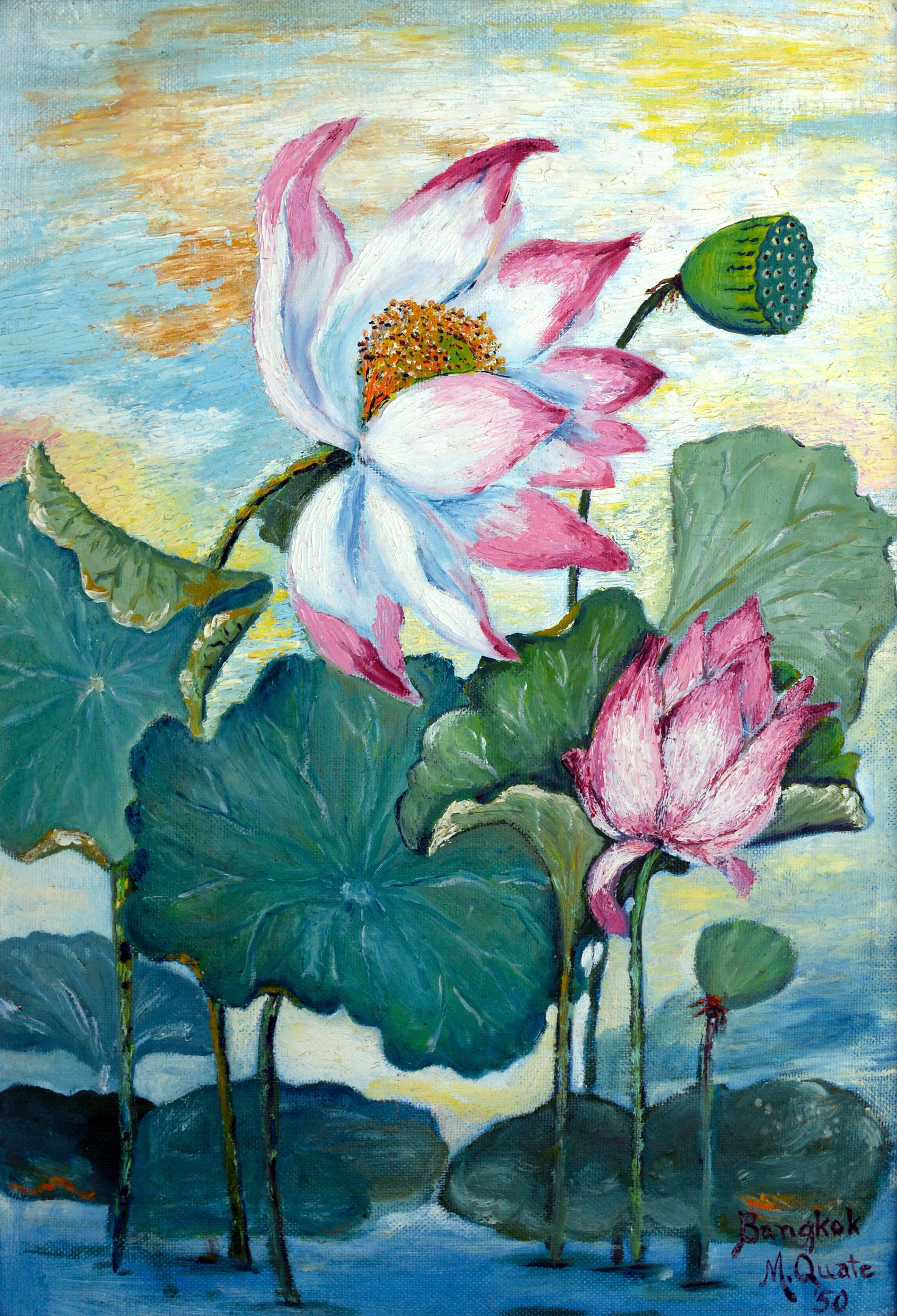 Lotus-Stillleben aus der Mitte des Jahrhunderts, florale Landschaft von Bangkok auf der Rückseite (Doppelseitig)  – Painting von Marge Quate Burt