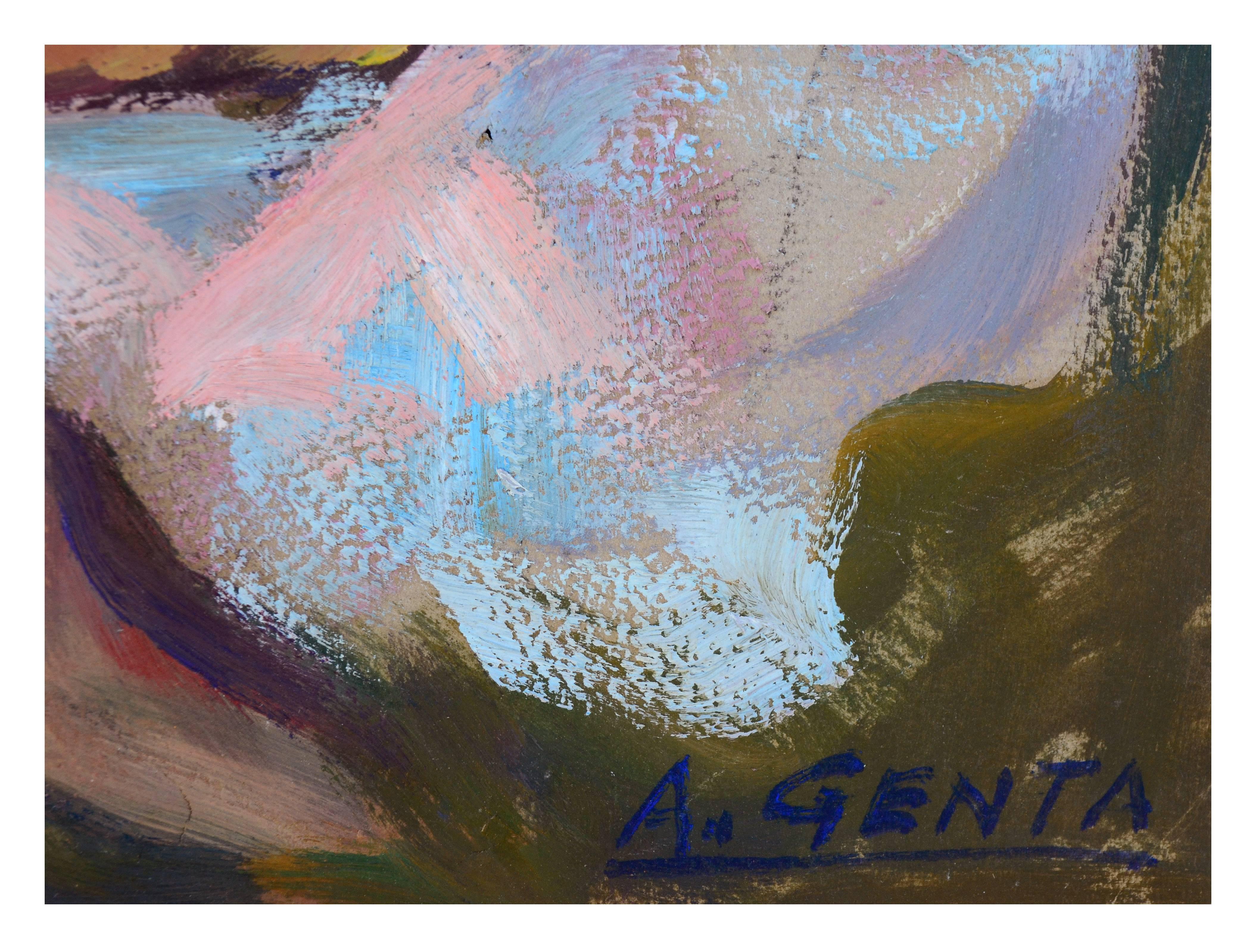 Picnic in the Park - Paysage figuratif du milieu du siècle dernier  - Gris Landscape Painting par Albert Genta