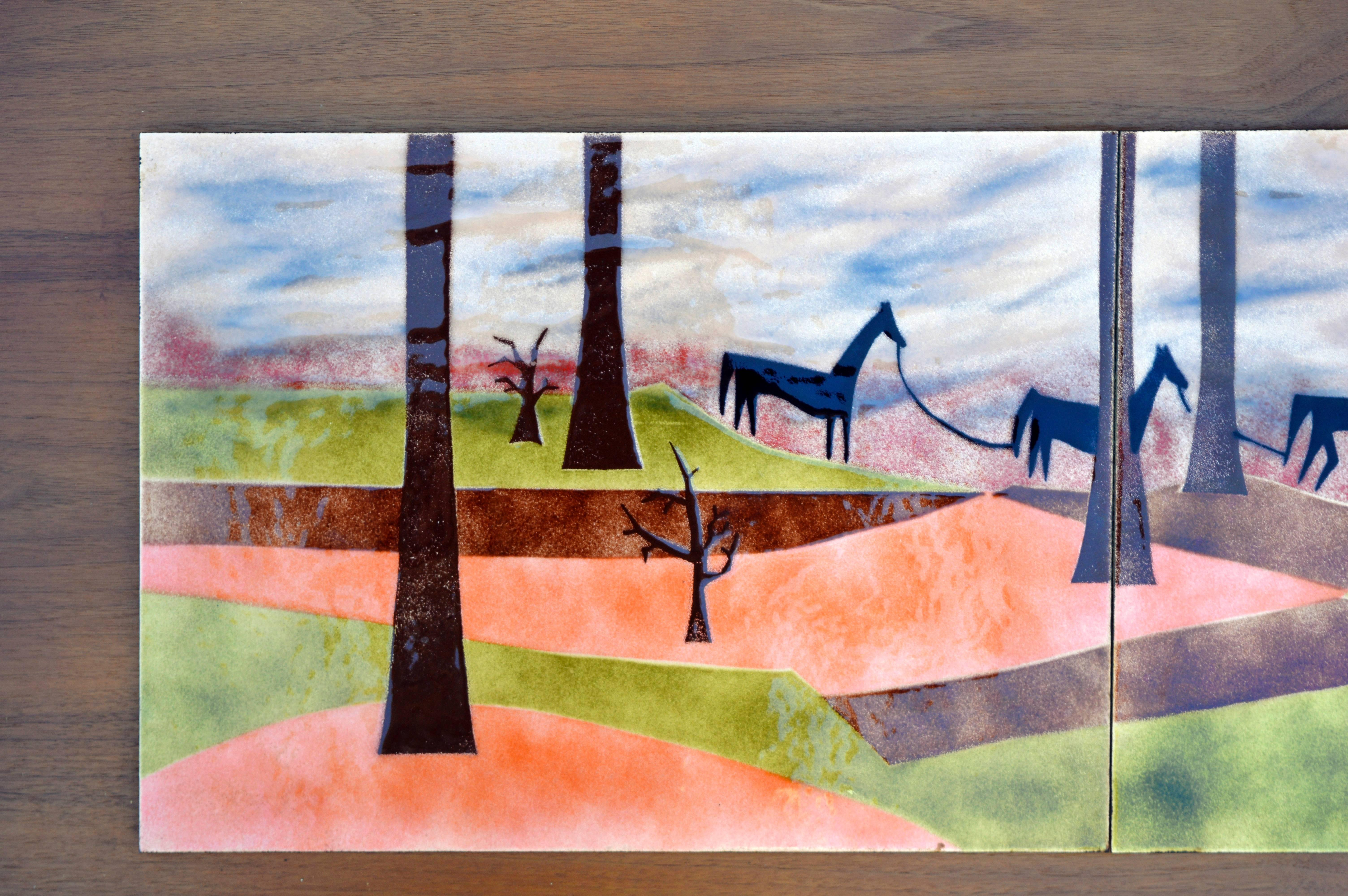 Beautiful Southwest enameled Copper tile triptych on horses being led on the trail by enamelist Judith Daner. Signed with monogram 
