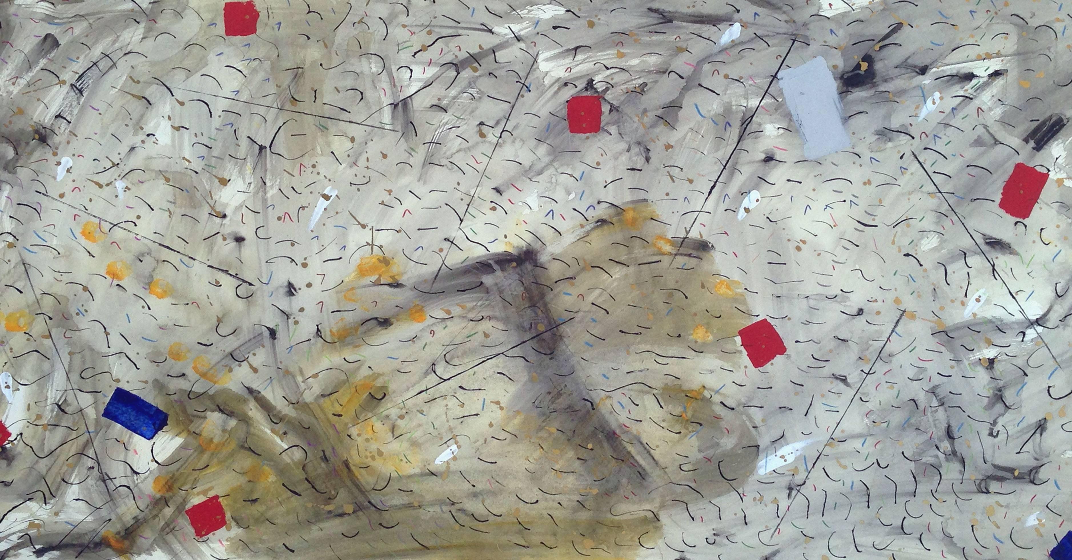 Yellow acrylic and watercolor abstract by Micheal Dee Cookinham (American, 1942-2015). From the estate of Michael Cookinham. Unsigned. Image size, 36"H x 69.5"W. Some age wear edge of paper. This item will be shipped rolled and will need
