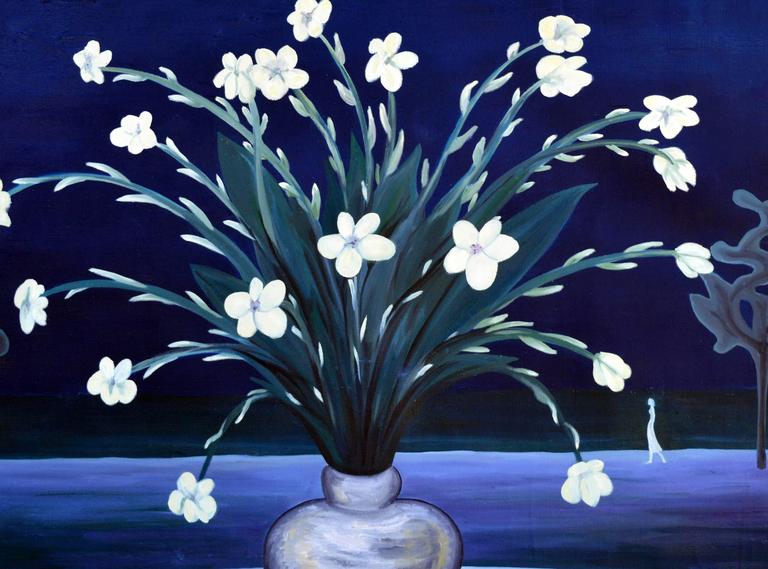Plumeria Night - Surreal Nocturnal Figurative Landscape with Vase of Flowers  - Painting by Marguerite Blasingame