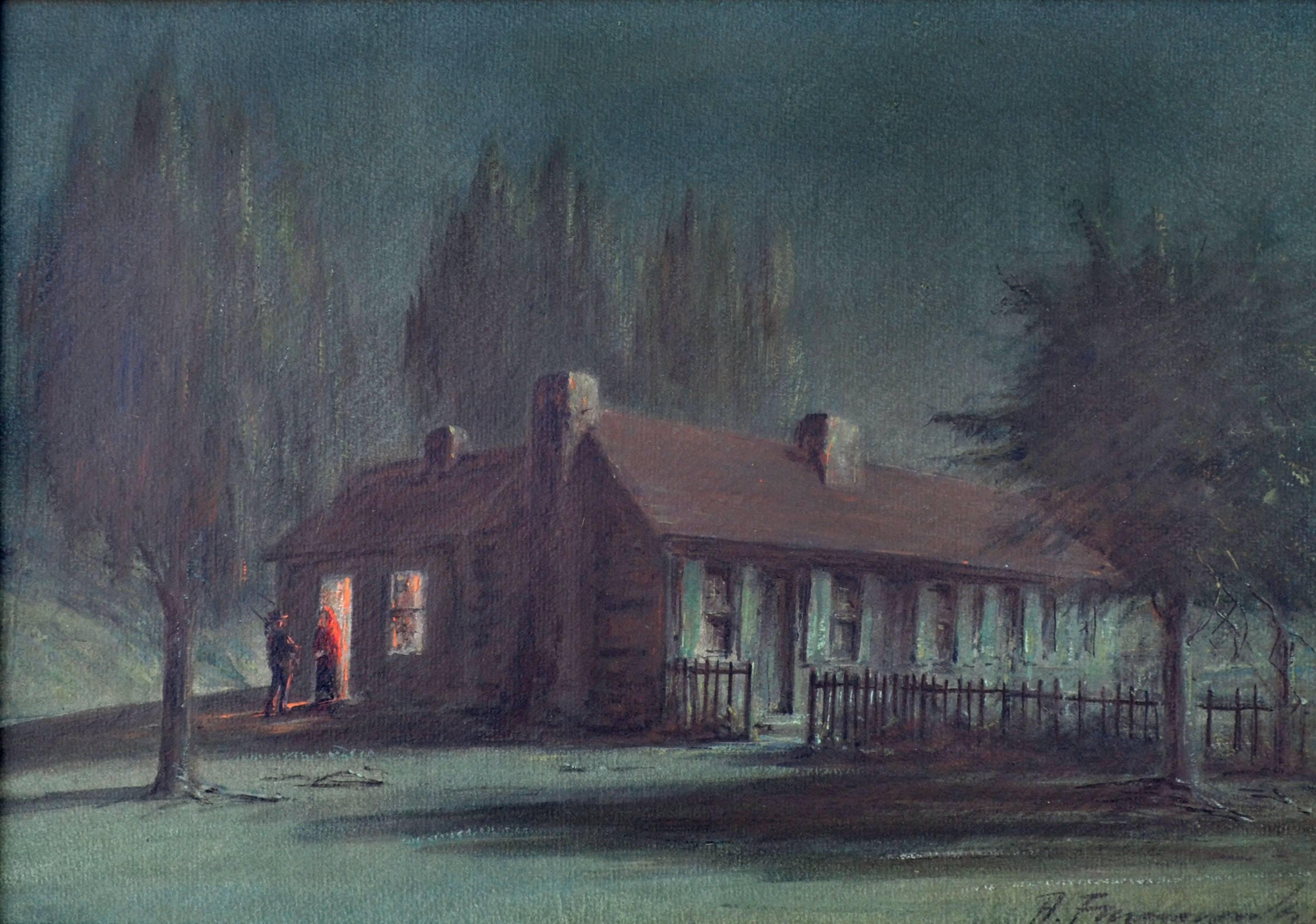 Late 19th Cent. Nocturnal Figurative Landscape - Night Caller, California Adobe  - Painting by Alfred Farnsworth