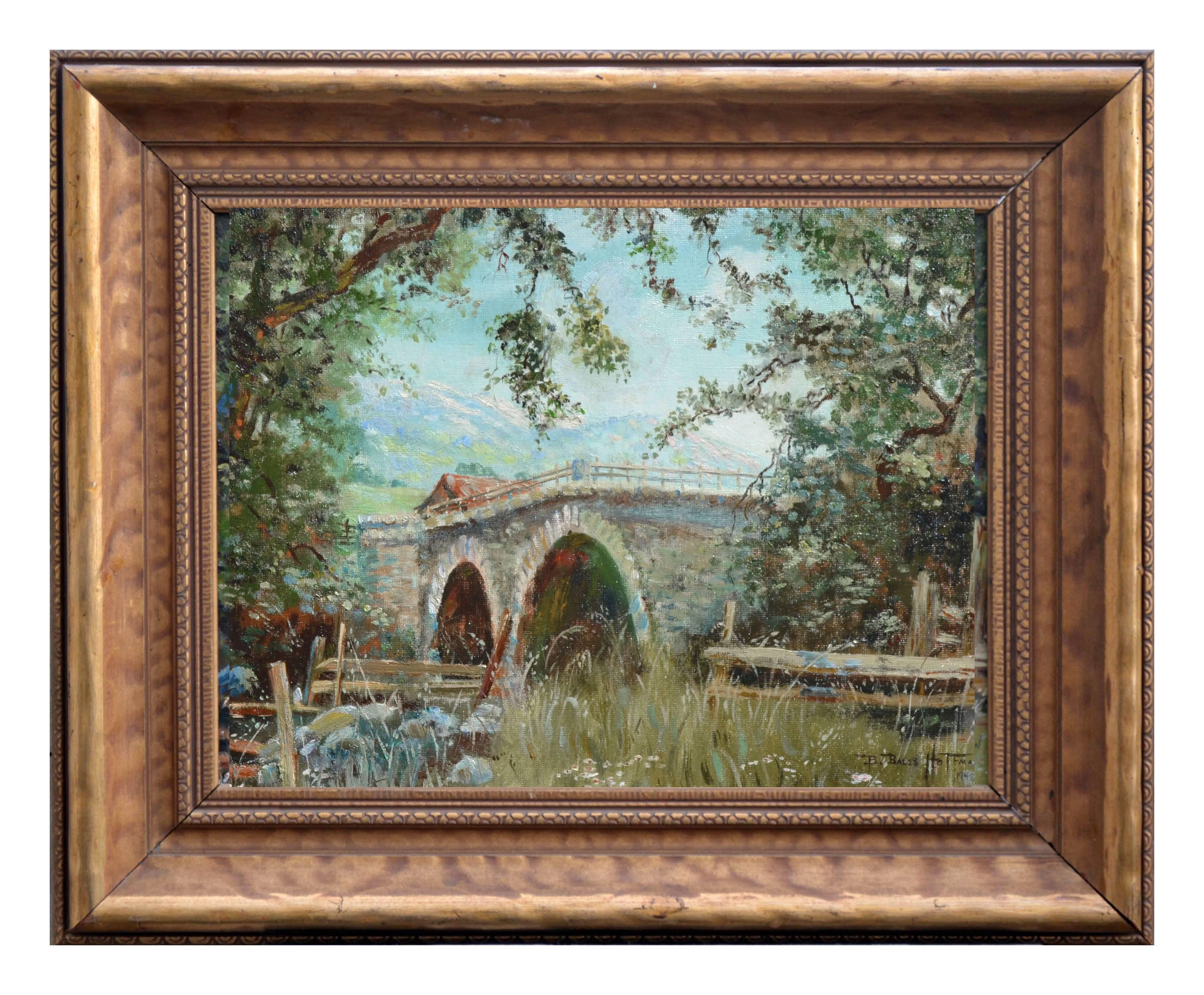Barbara Bales Hoffman Landscape Painting - Old Napa Bridge, Mid-Century Monticello Stone Bridge Wine Country Landscape