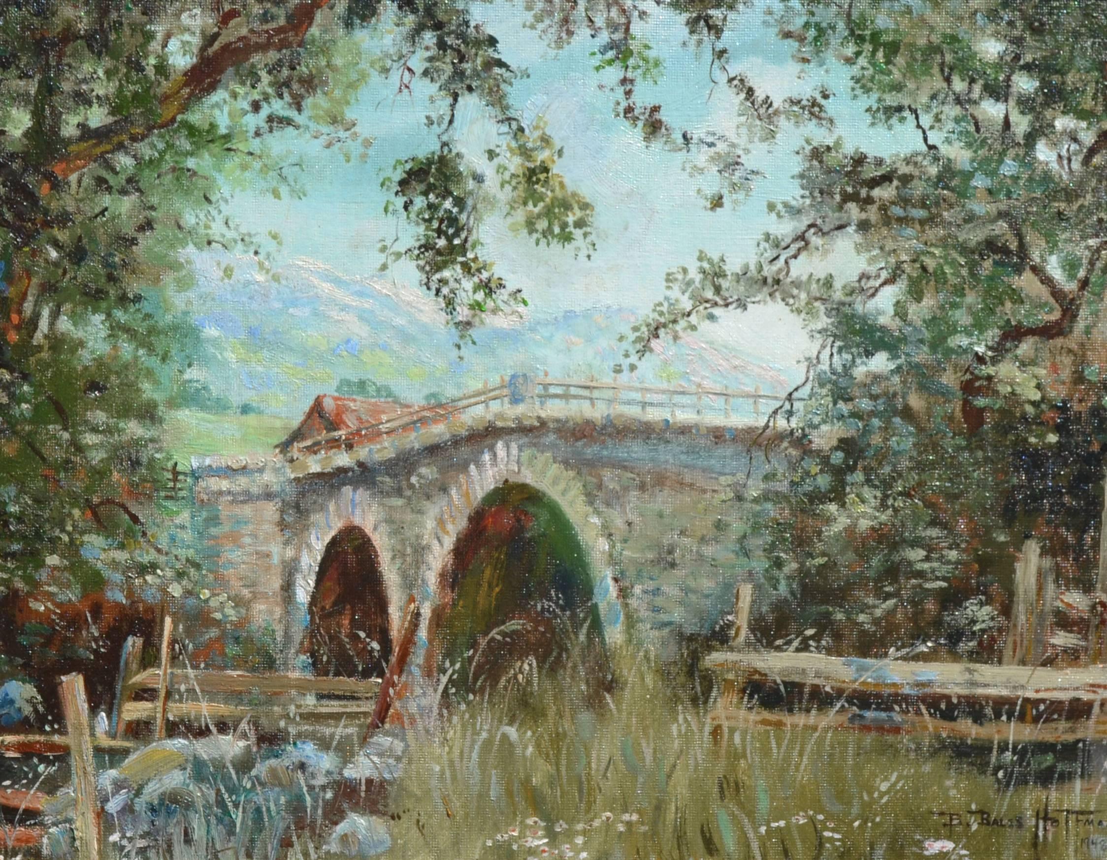 Old Napa Bridge, Mid-Century Monticello Stone Bridge Wine Country Landscape - Painting by Barbara Bales Hoffman