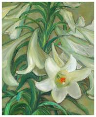 Mid Century Lilies and Teapot Still Life