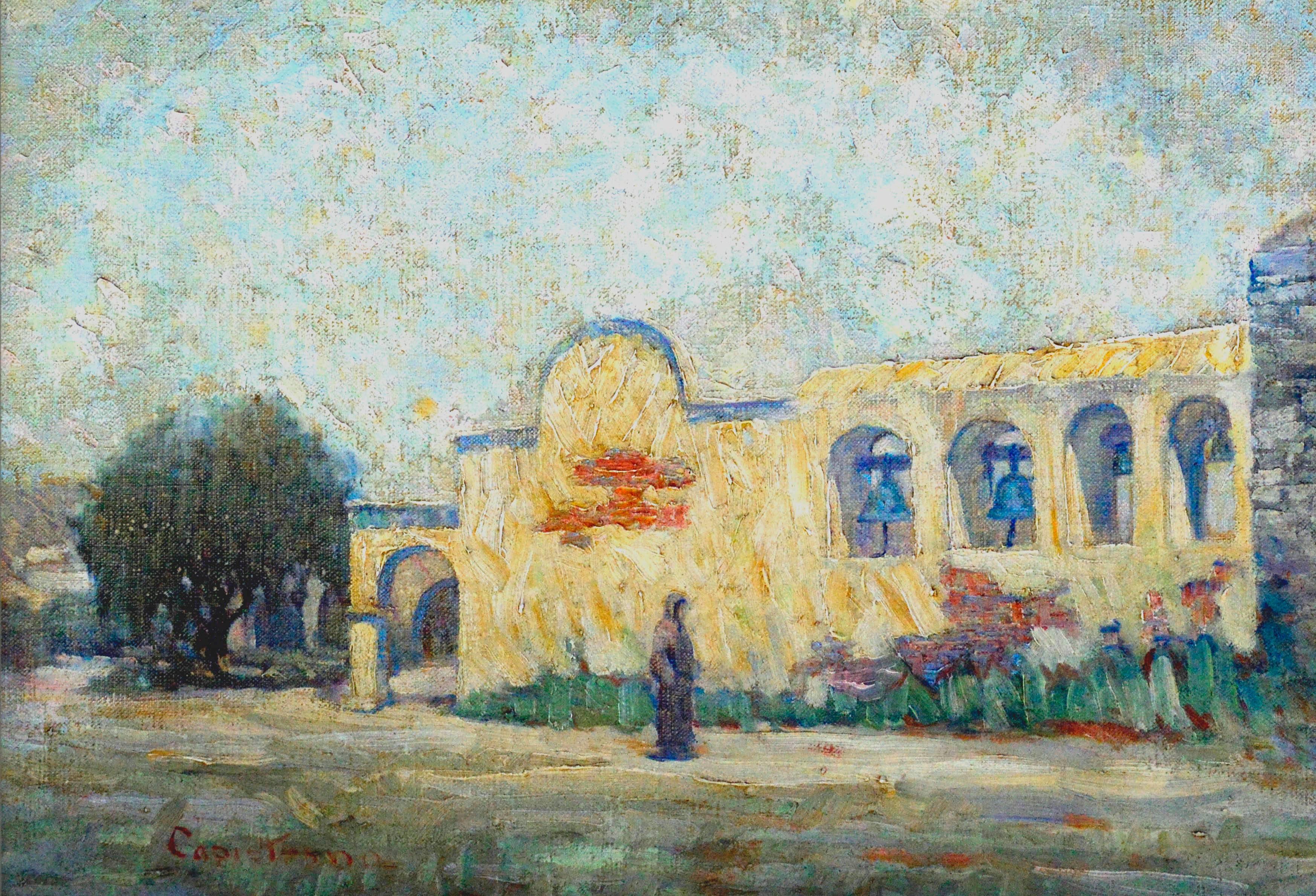Early 20th Century Mission San Juan Capistrano - Figurative Landscape - Painting by Warren E. Rollins