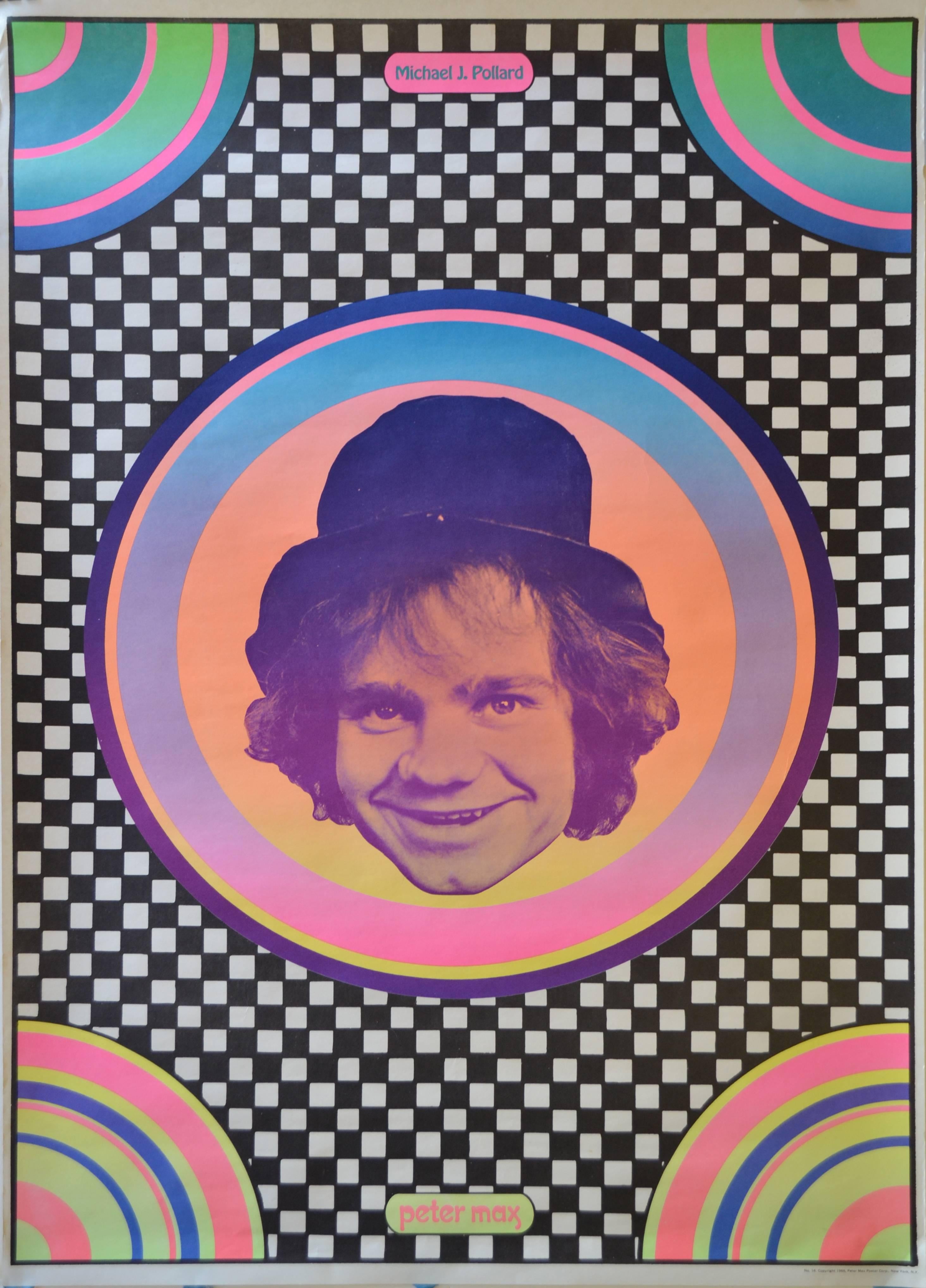 1968 Affiche de Michael J. Pollard par Peter Max (allemand:: né en 1953). 1937)
Michael J. Pollard était le second rôle dans "Bonnie & Clyde" et d'autres films. Image:: 36 "H x 24 "W. 
Peter Max:: l'un des artistes vivants les plus célèbres:: est