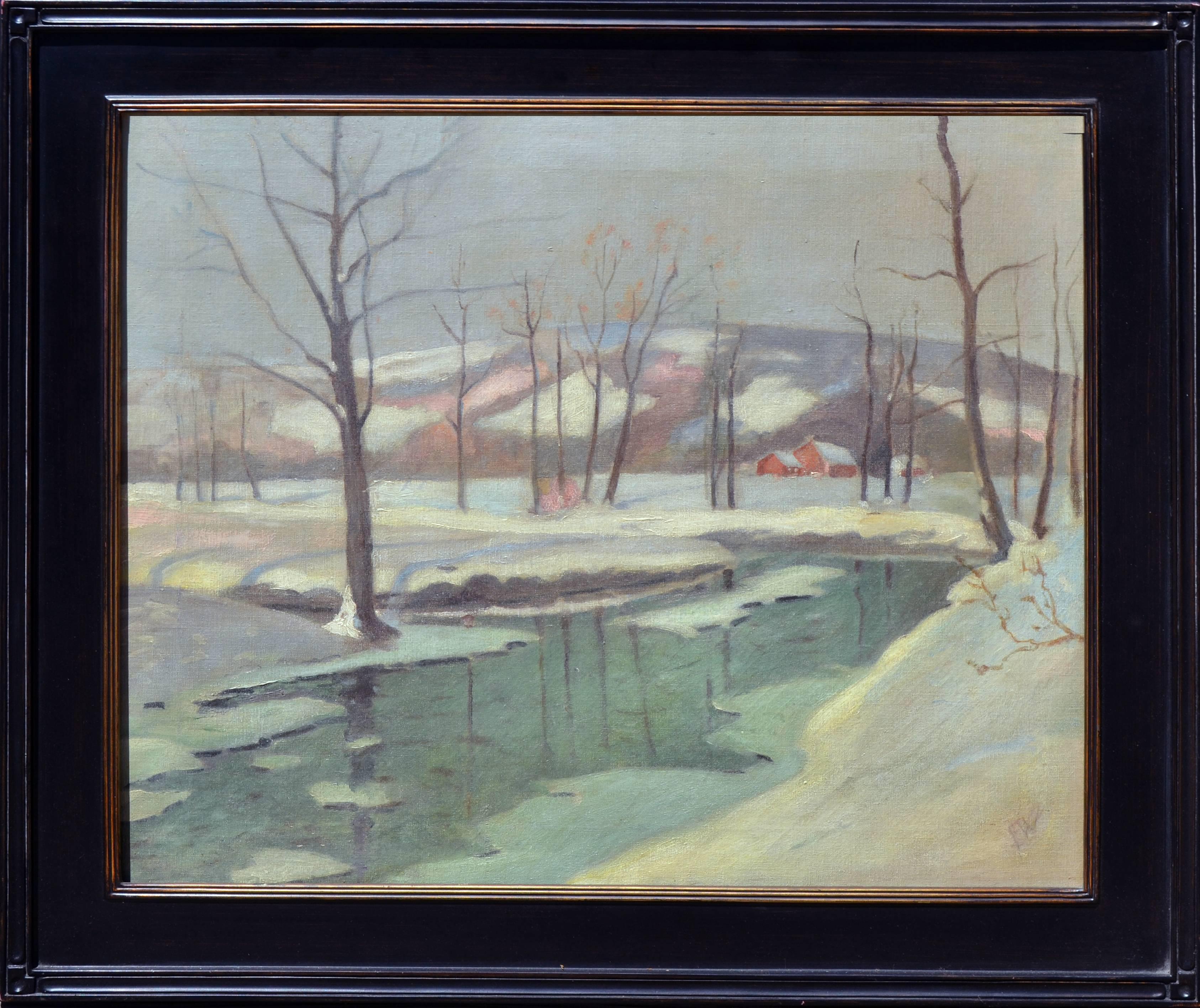 Landscape Painting Frederick R. Wagner - Scène d'hiver - Paysage de neige des années 1930