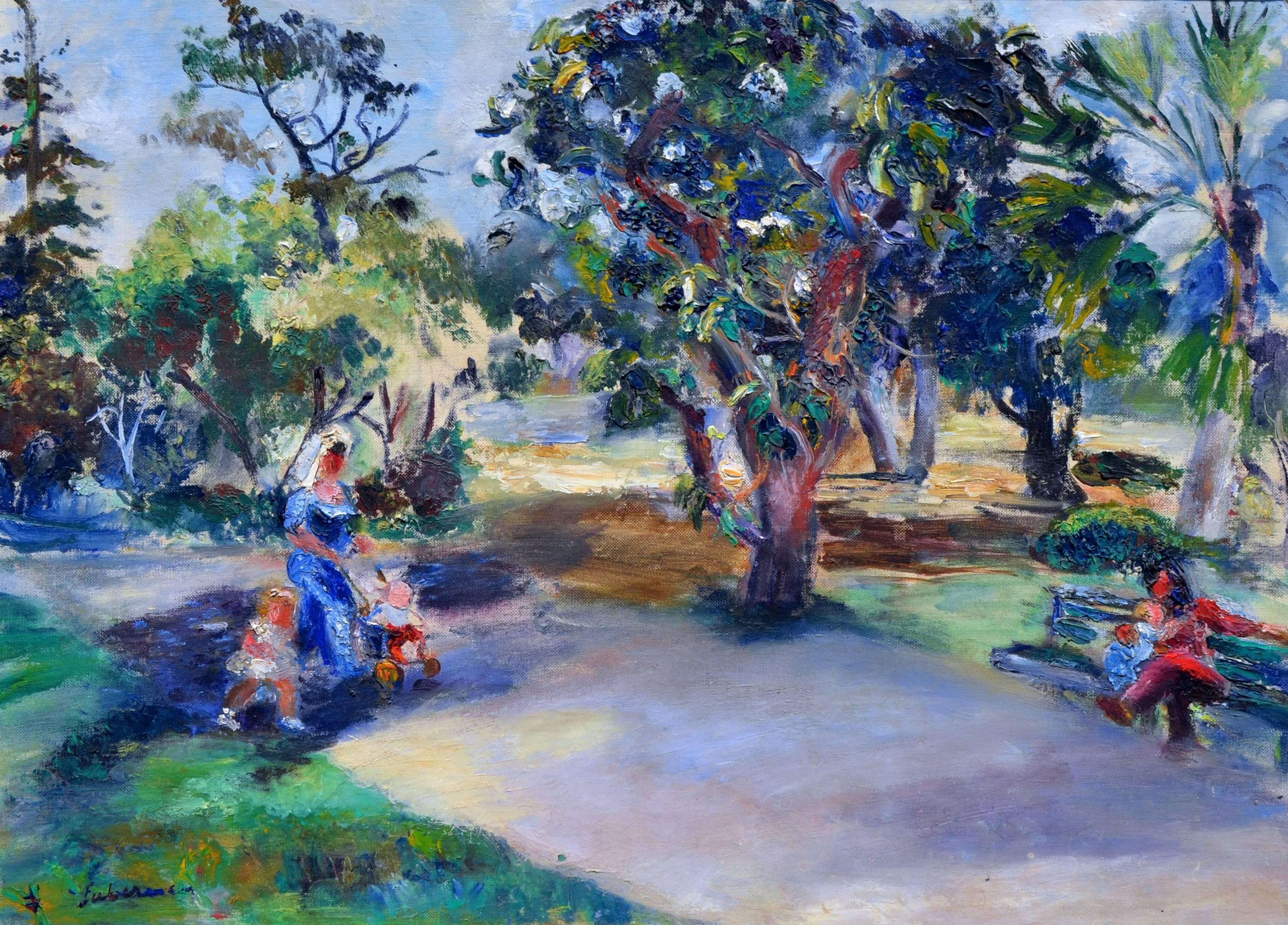 Mid Century Figurative Landscape -- Stroll in the Park - Painting by Frances Beatrice Lieberman