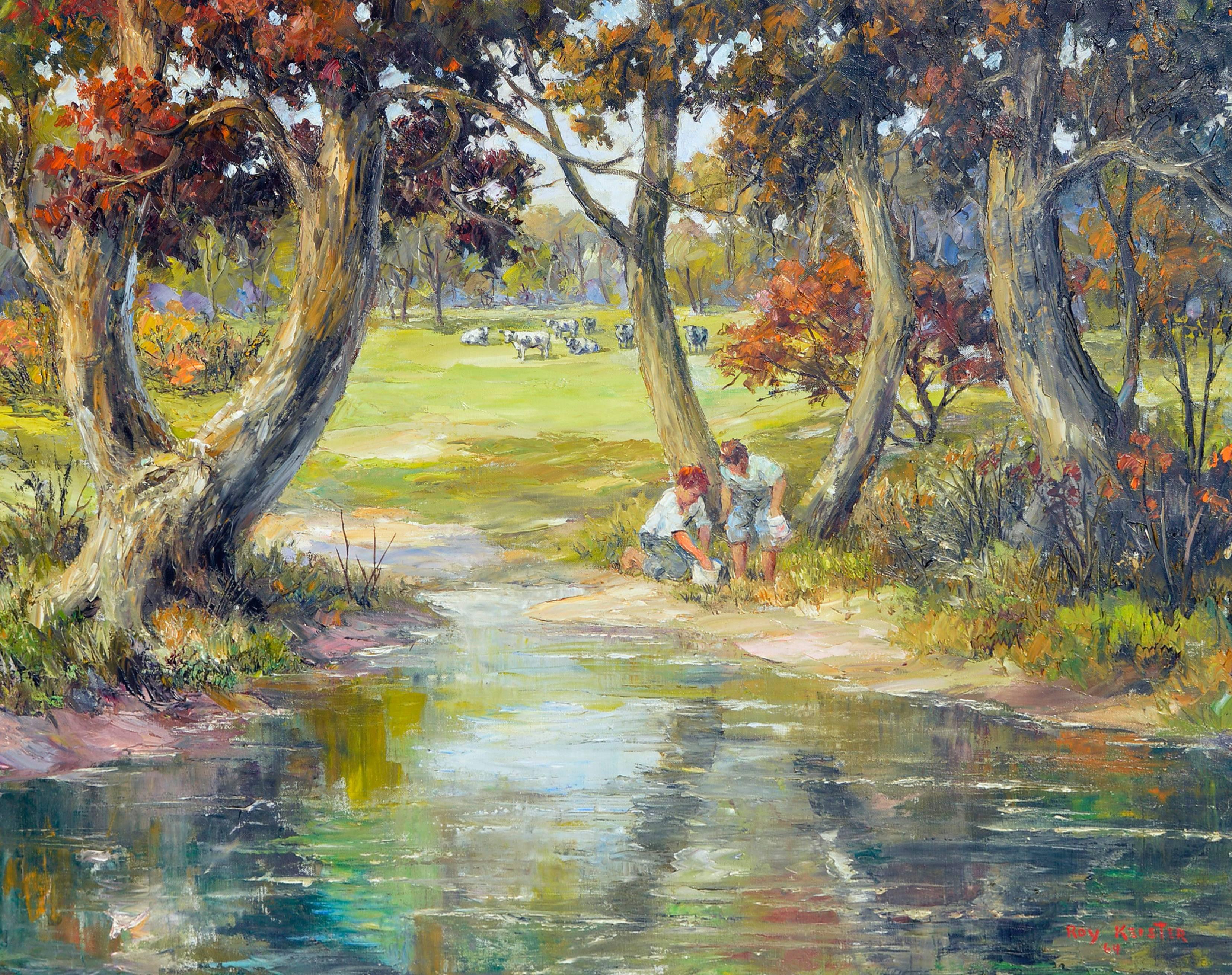 Playing by the Creek - Painting by Roy Keister