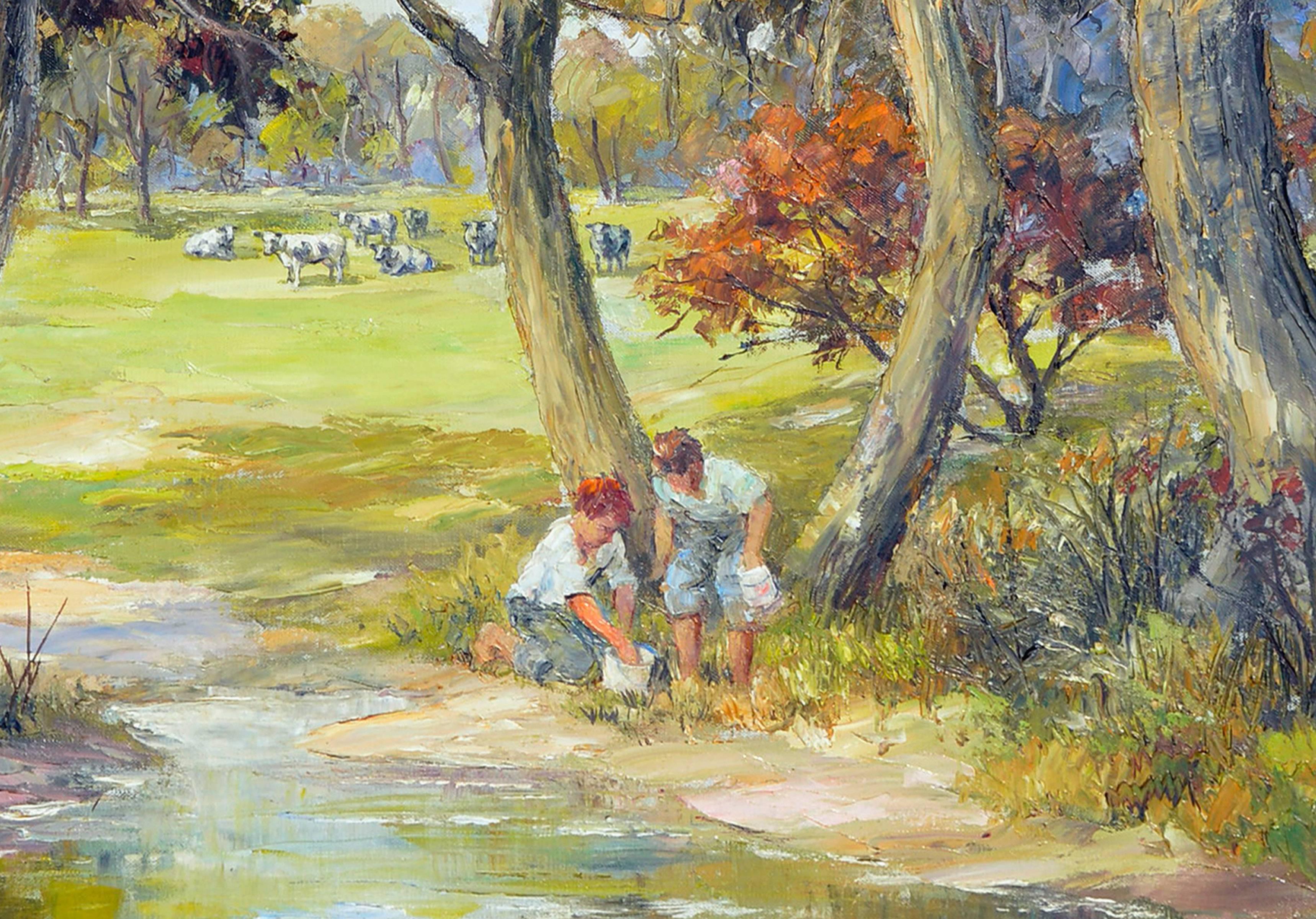 Playing by the Creek - American Impressionist Painting by Roy Keister