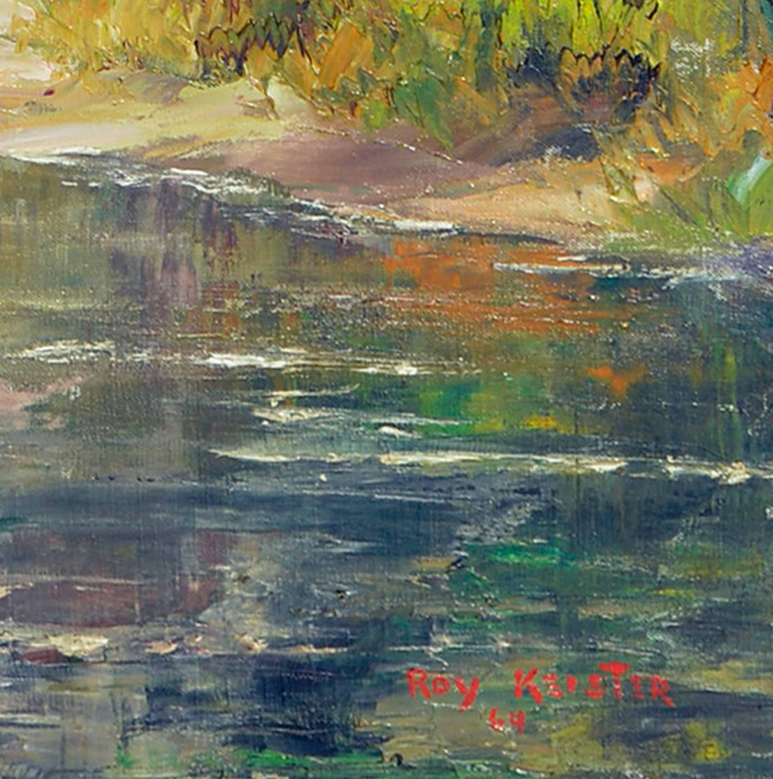 Playing at the Creek by Roy Keister (American, 1886-1983). Beautiful oil on canvas landscape painting. Presented in a giltwood frame. Signed 
