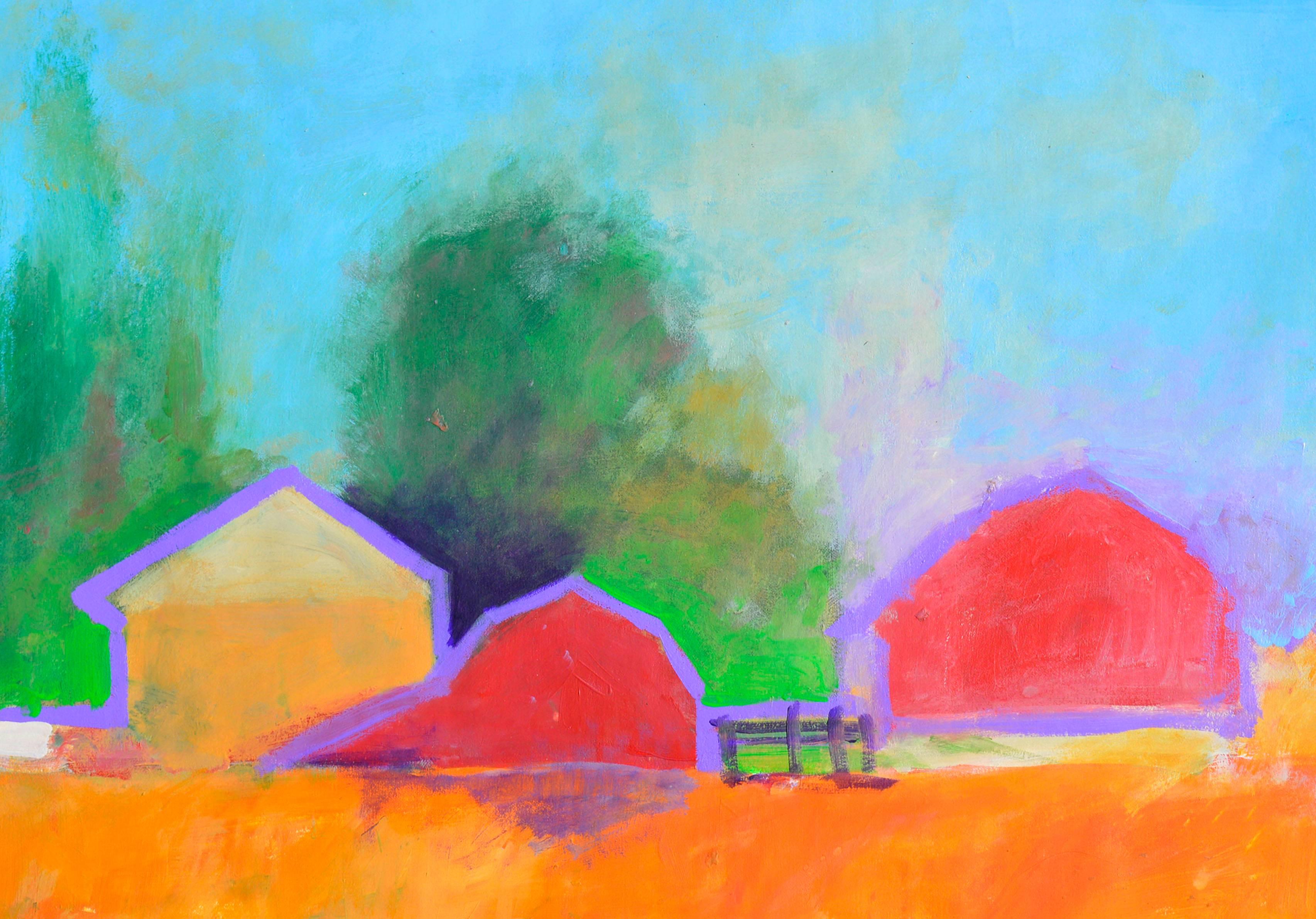 Barns de campagne Bright Country - Paysage de ferme moderne abstrait  - Expressionniste Painting par Michael William Eggleston