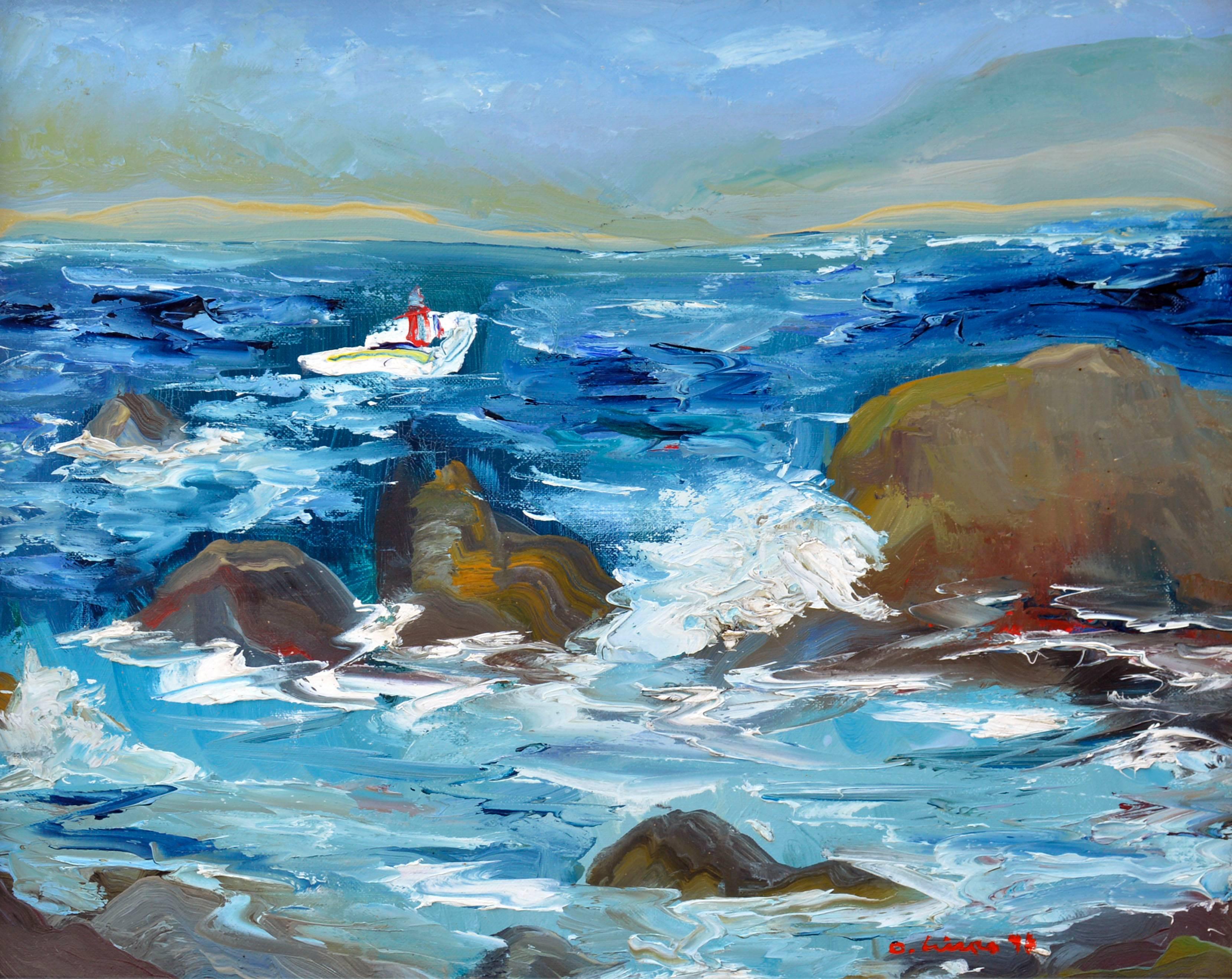 Wellenbrecher:: Meereslandschaft Monterey Kalifornien – Painting von Dick Crispo