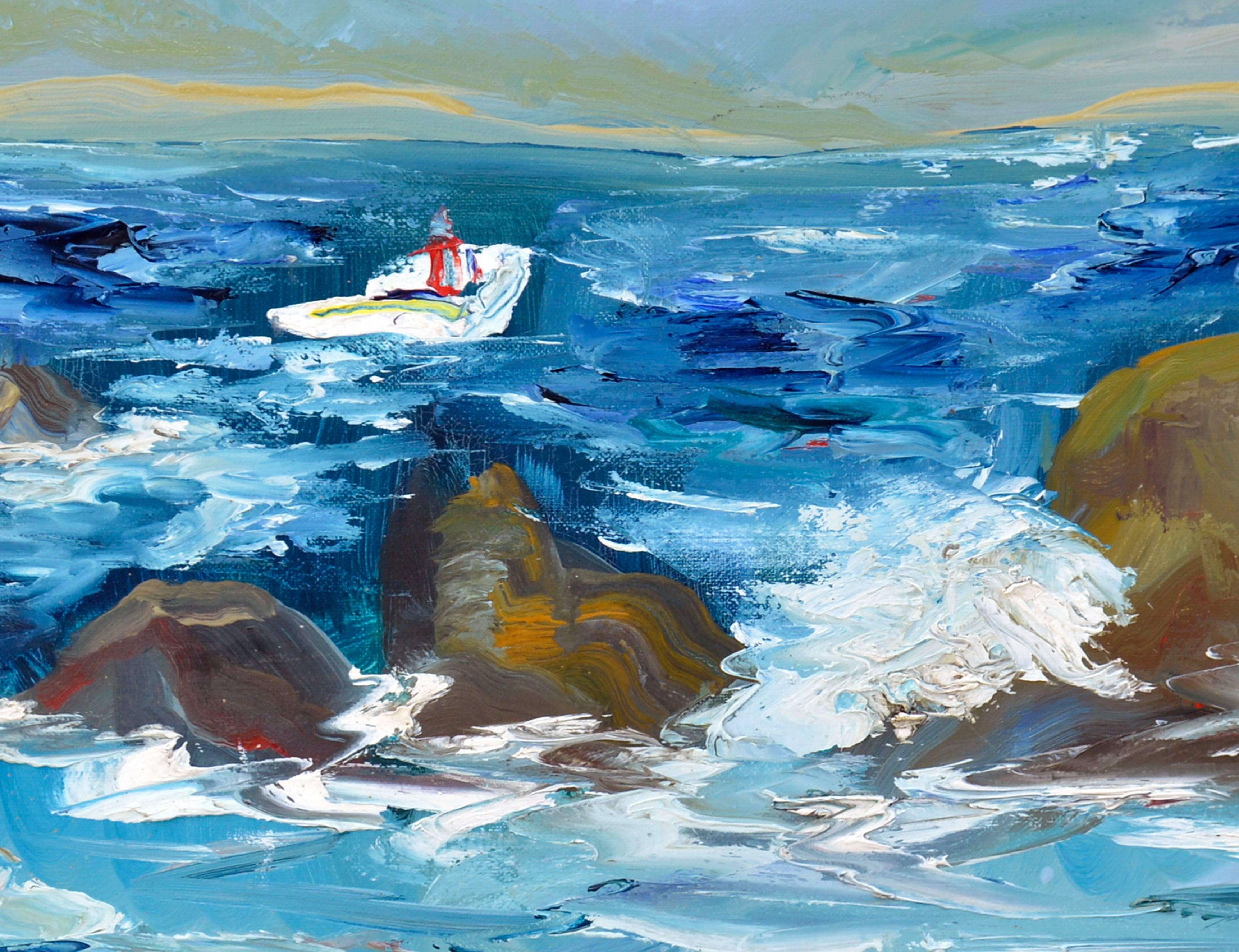 Wellenbrecher:: Meereslandschaft Monterey Kalifornien (Grau), Landscape Painting, von Dick Crispo