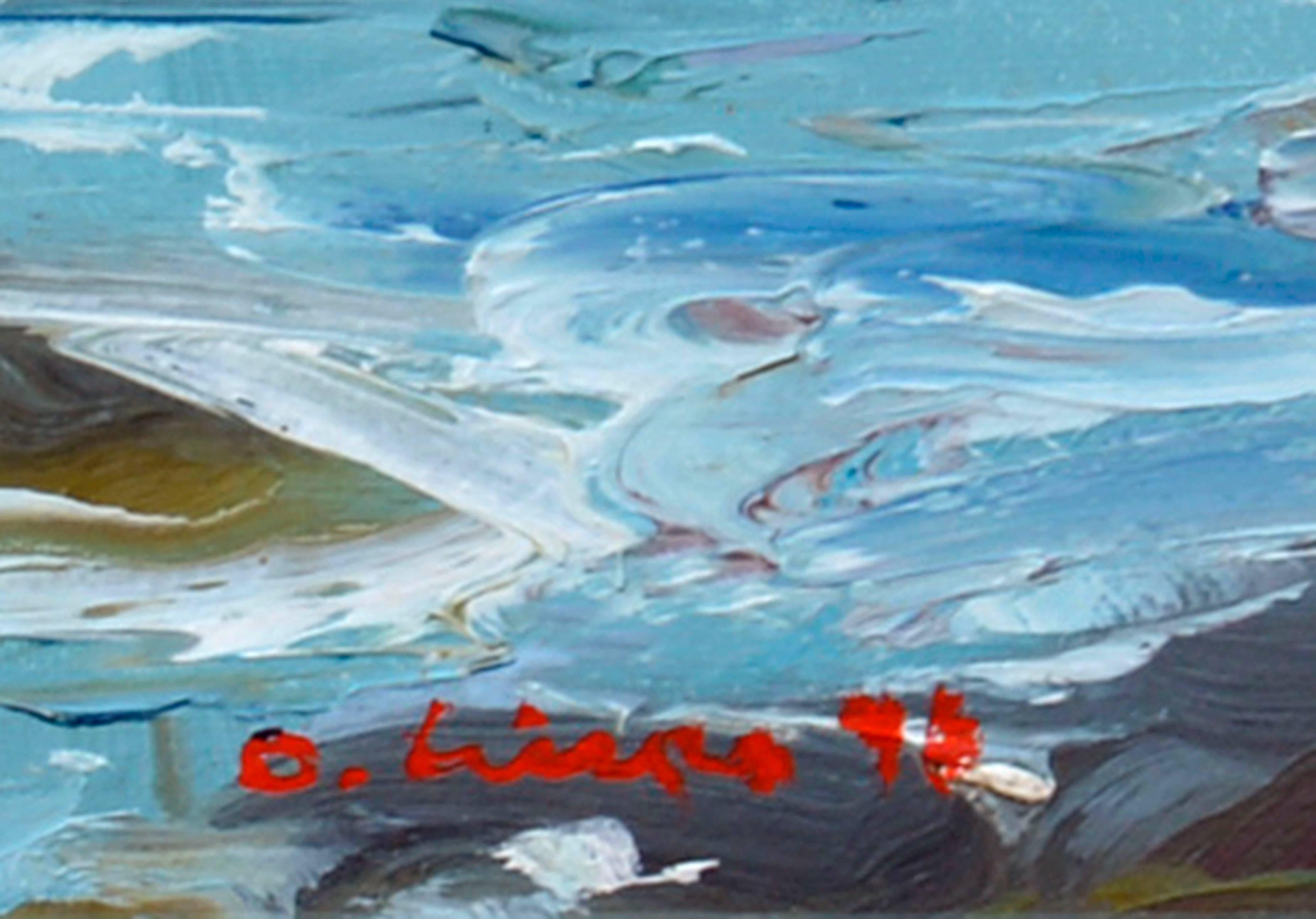 Das einsame Boot:: eine schöne impressionistische Meereslandschaft von Dick Crispo (Amerikaner:: geb. 1945) aus Monterey:: Kalifornien. Präsentiert in einem vergoldeten Holzrahmen. Unten rechts signiert 