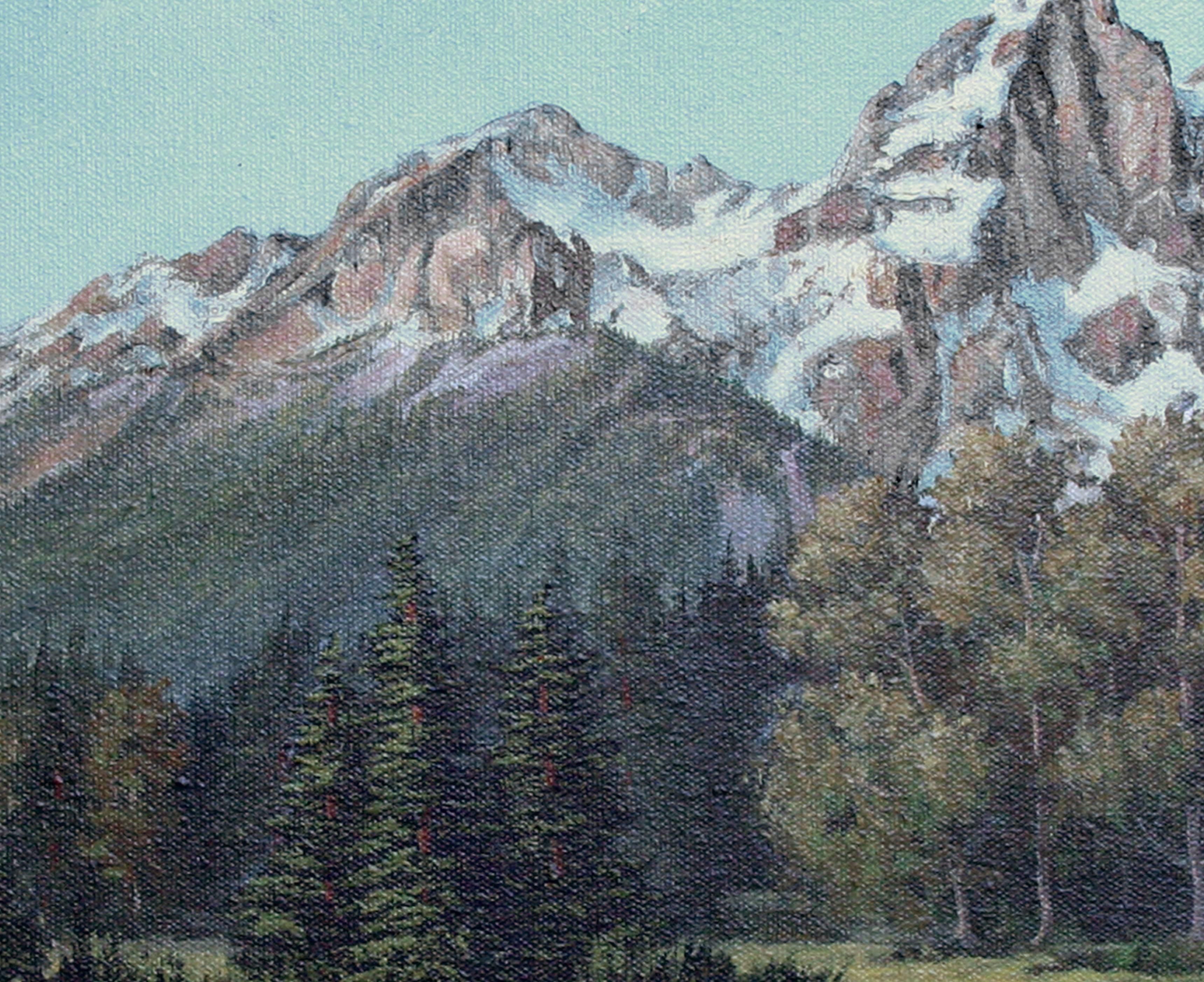 Mid Century California Mountaintops Forest Landscape by Joseph Frey

Beautiful and serene mid-century landscape of snowy California mountaintops by listed California artist Joseph Frey (American, 1892 - 1977). The dramatic peaks tower over a glassy