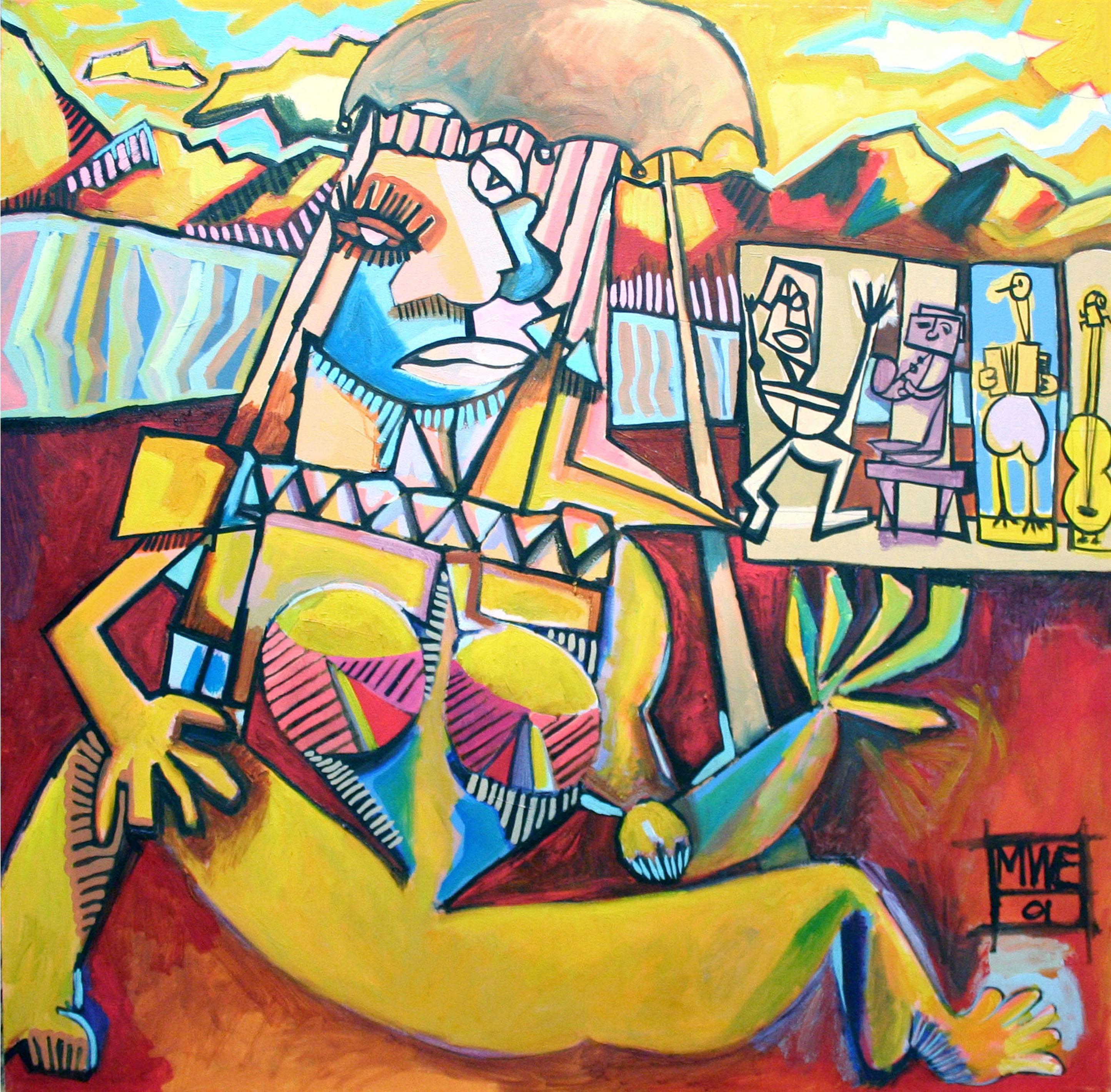 Woman With Air Guitar and Musicians Figurative Abstract 