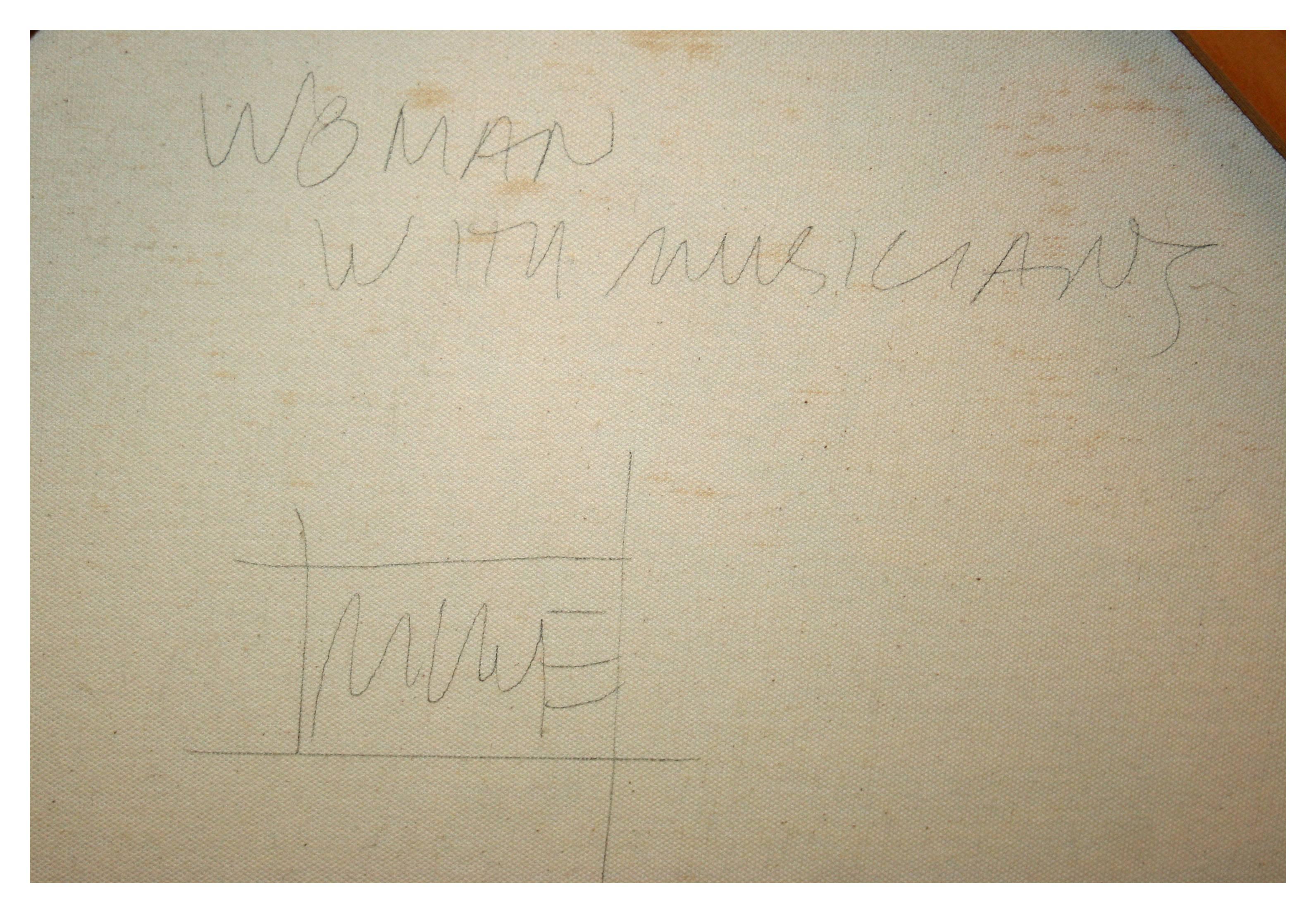 Quadro ad olio figurativo astratto modernista di una donna con musicisti dell'artista di San Francisco Michael William Eggleston (americano, XX secolo). Firmato con il monogramma 
