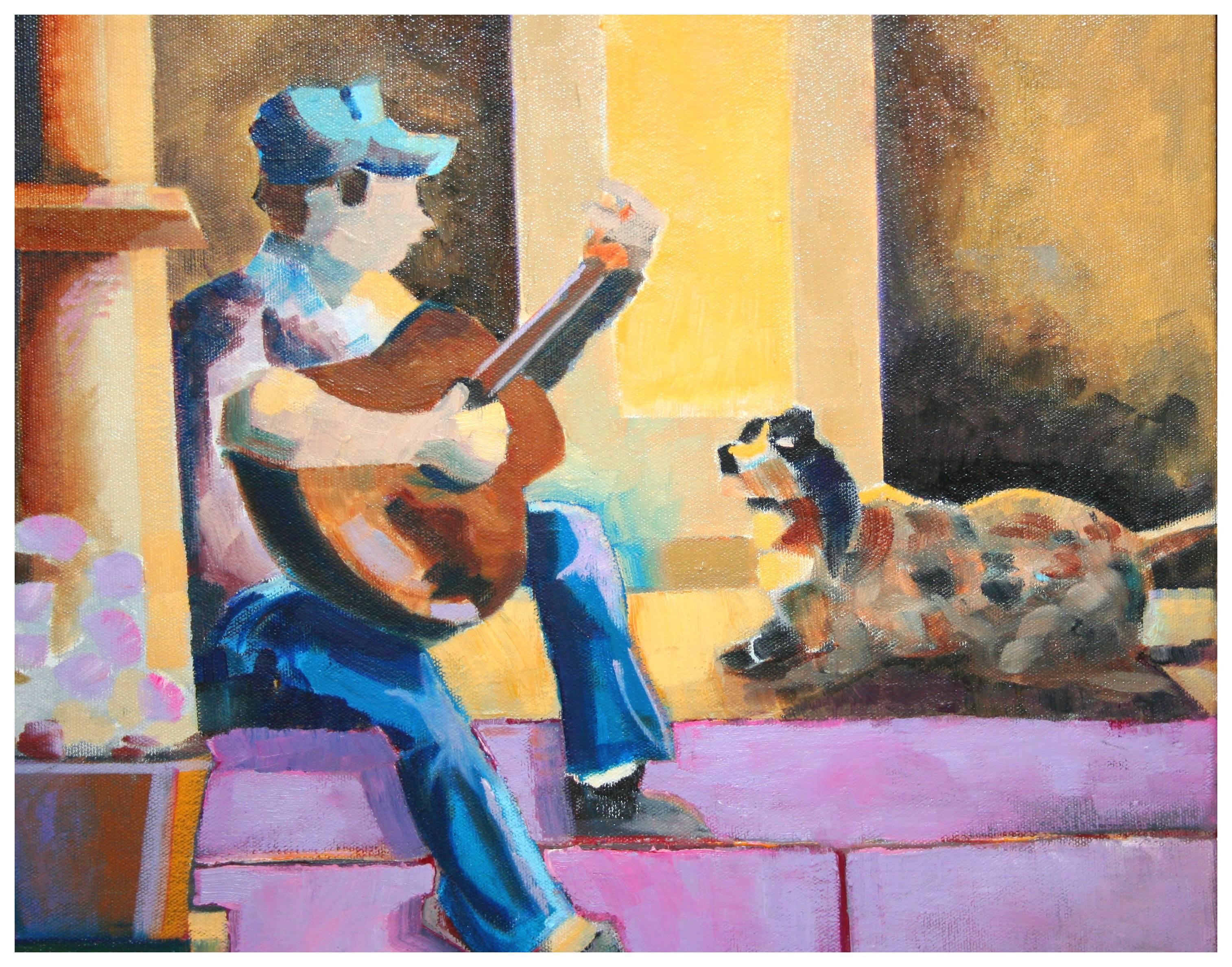 Man, and his Guitar Serenading His Dog Figurative - Painting by Michael William Eggleston