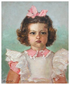 Vintage Early 20th Century Young Girl With Pink Bow Portrait