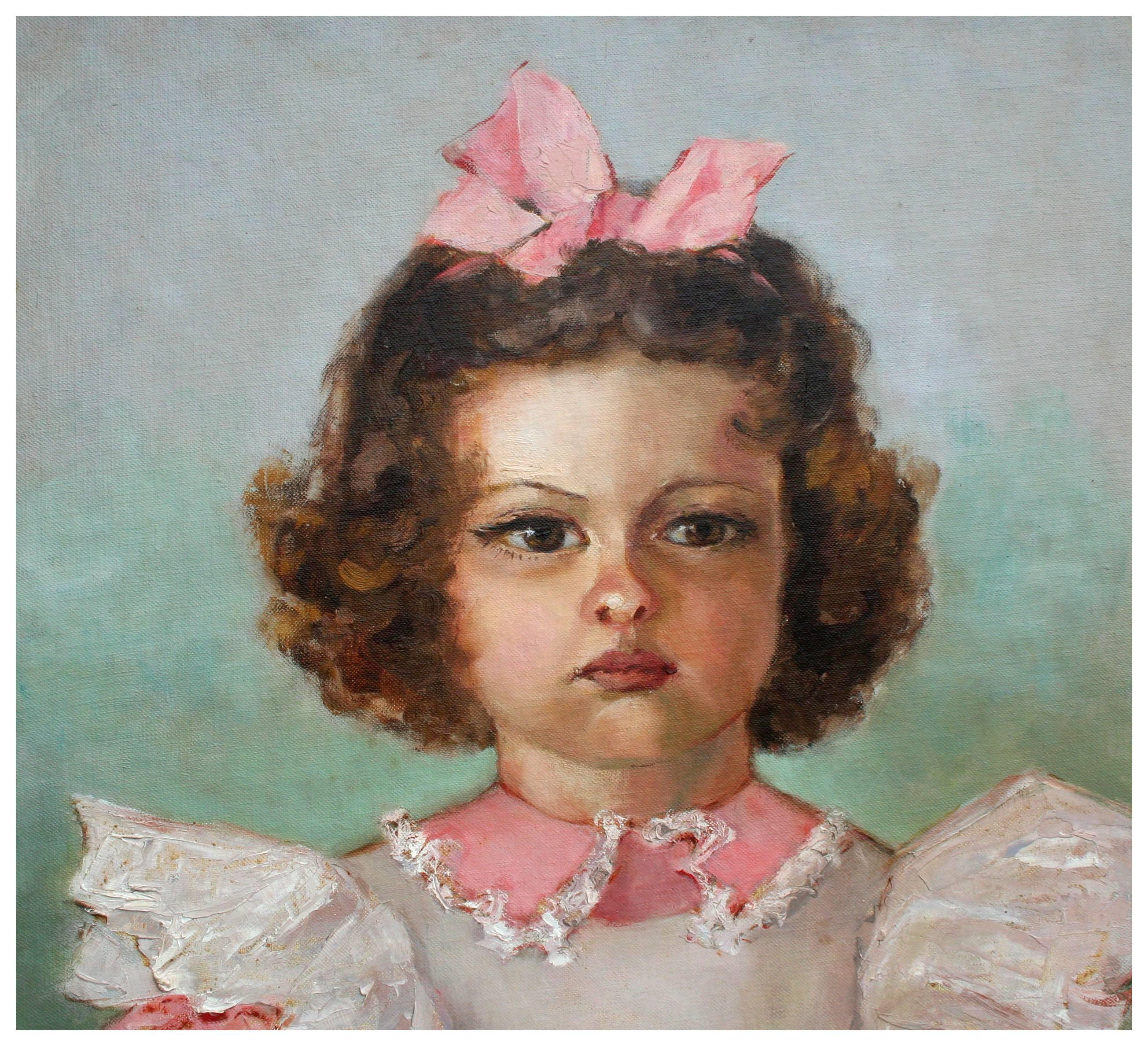 Early 20th Century Young Girl With Pink Bow Portrait - Painting by Helen Enoch Gleiforst