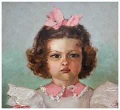 Early 20th Century Young Girl With Pink Bow Portrait
