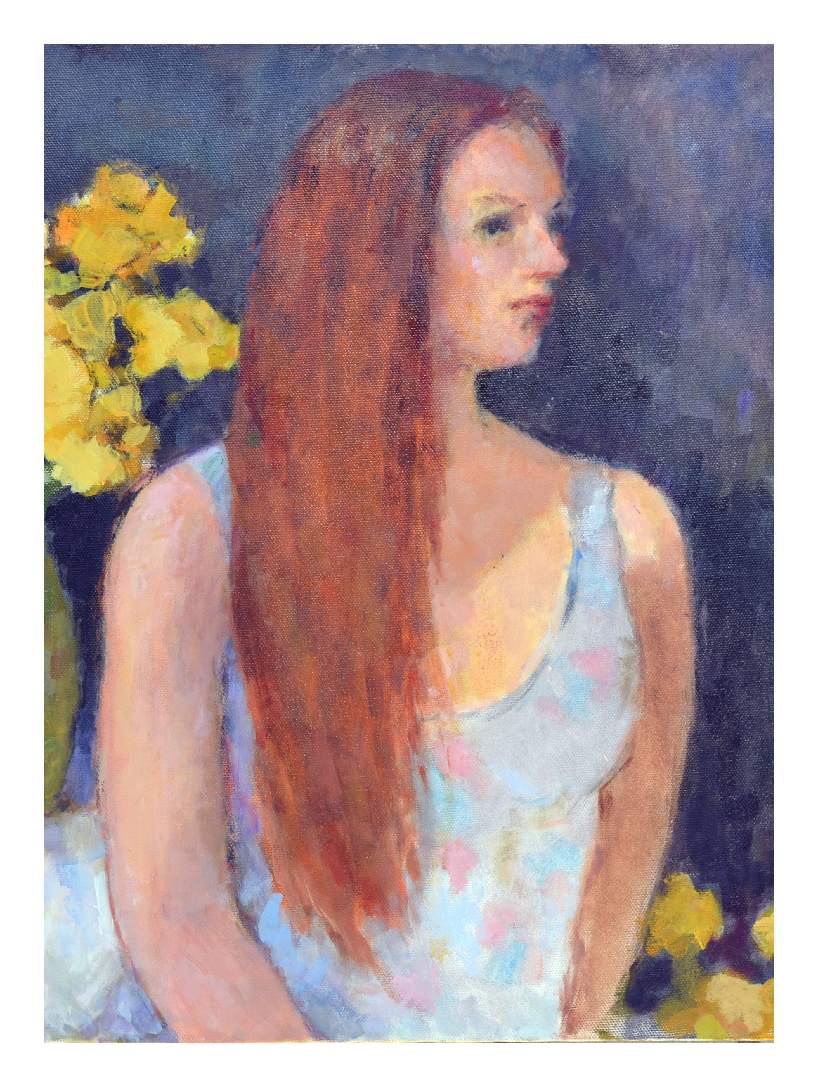 Vintage-Porträt einer roten Frau mit gelben Rosen – Painting von Patricia Emrich Gillfillan