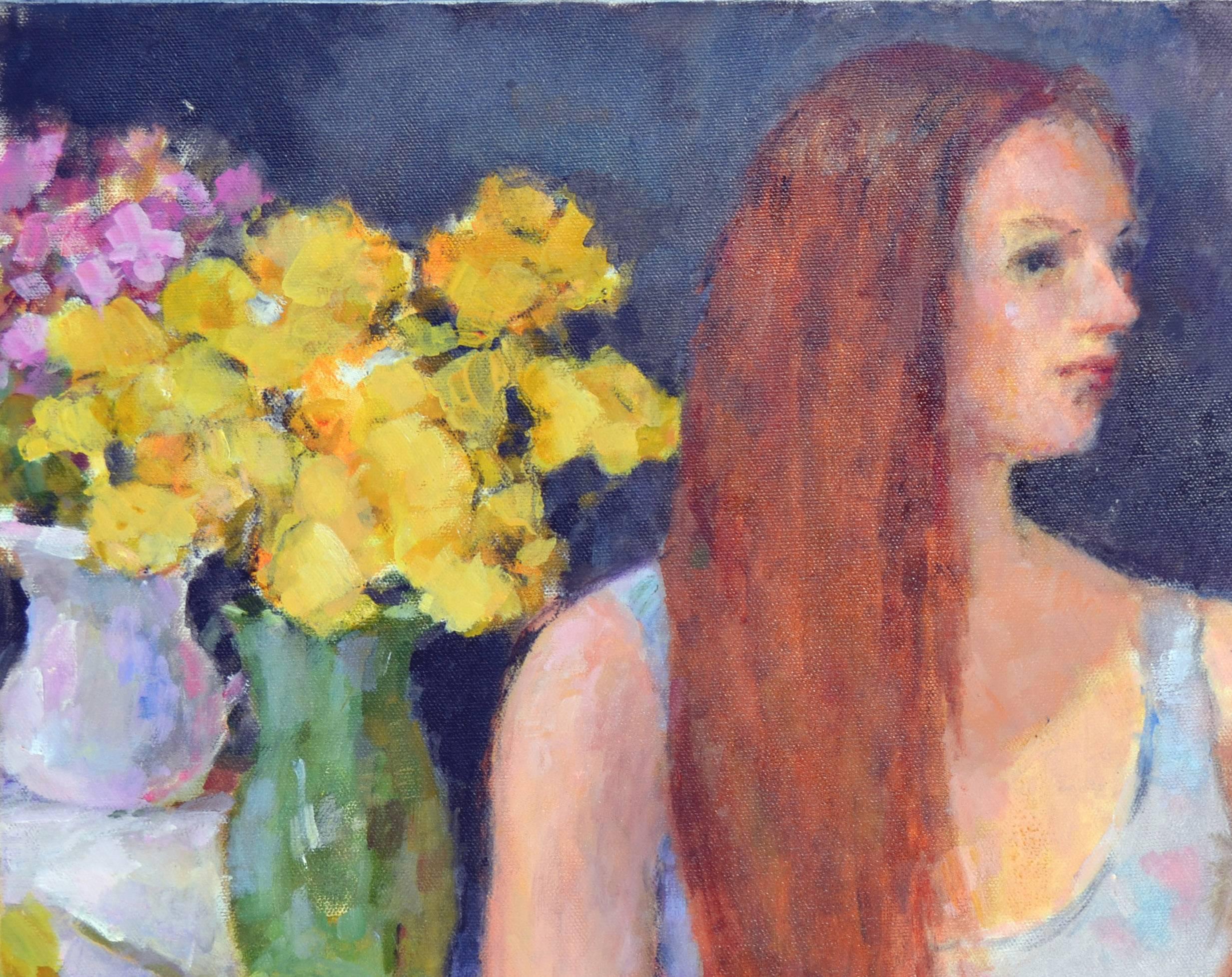 Vintage-Porträt einer roten Frau mit gelben Rosen (Amerikanischer Impressionismus), Painting, von Patricia Emrich Gillfillan