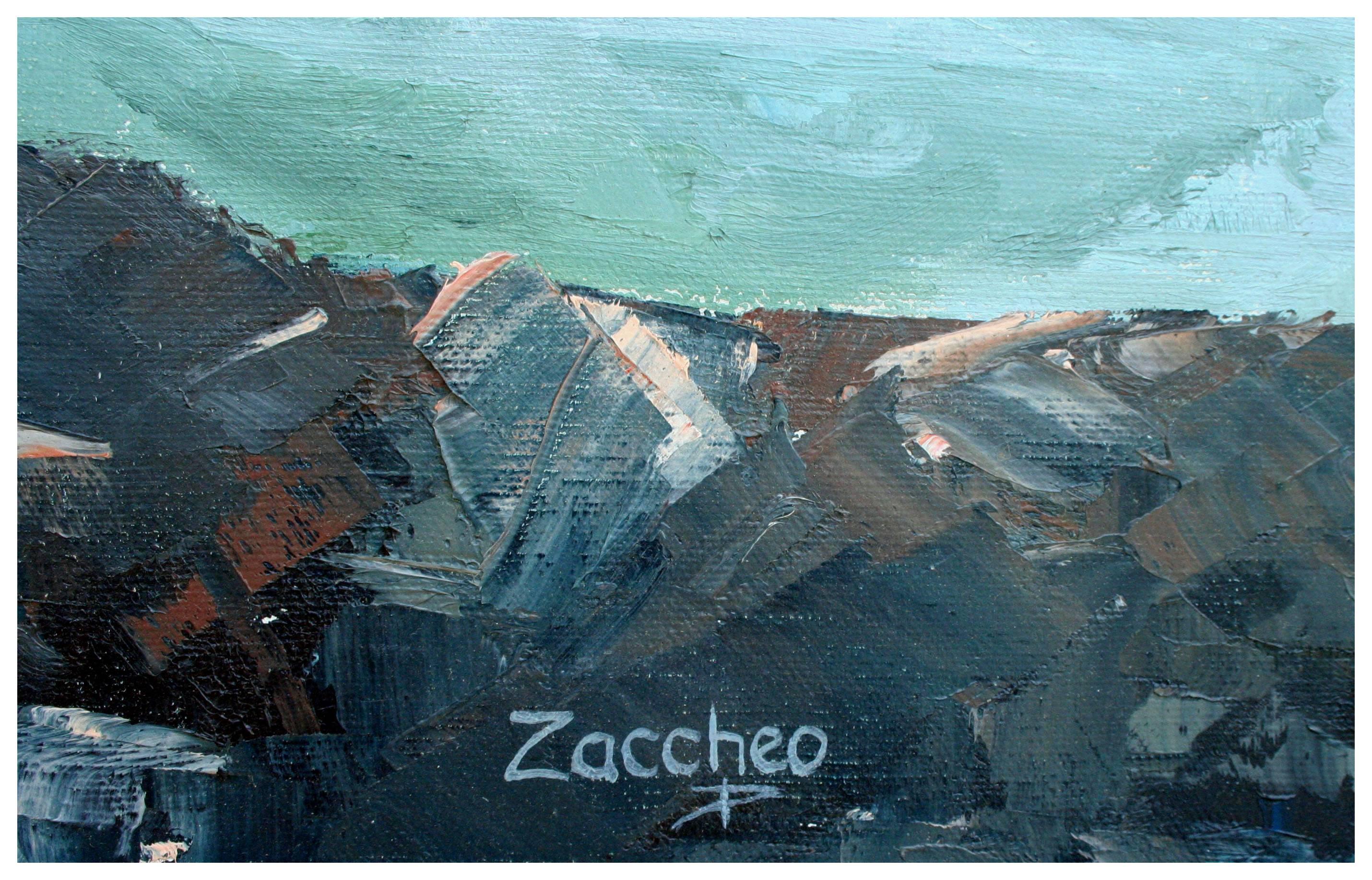 Big Sur Coast, Vintage 1970s Panoramic Pacific Seascape by John Zaccheo

Gorgeous vintage oil painting of waves crashing along the rocks on the coast of Big Sur, California by John Zaccheo (American, 20th century), c.1970s. This panoramic seascape