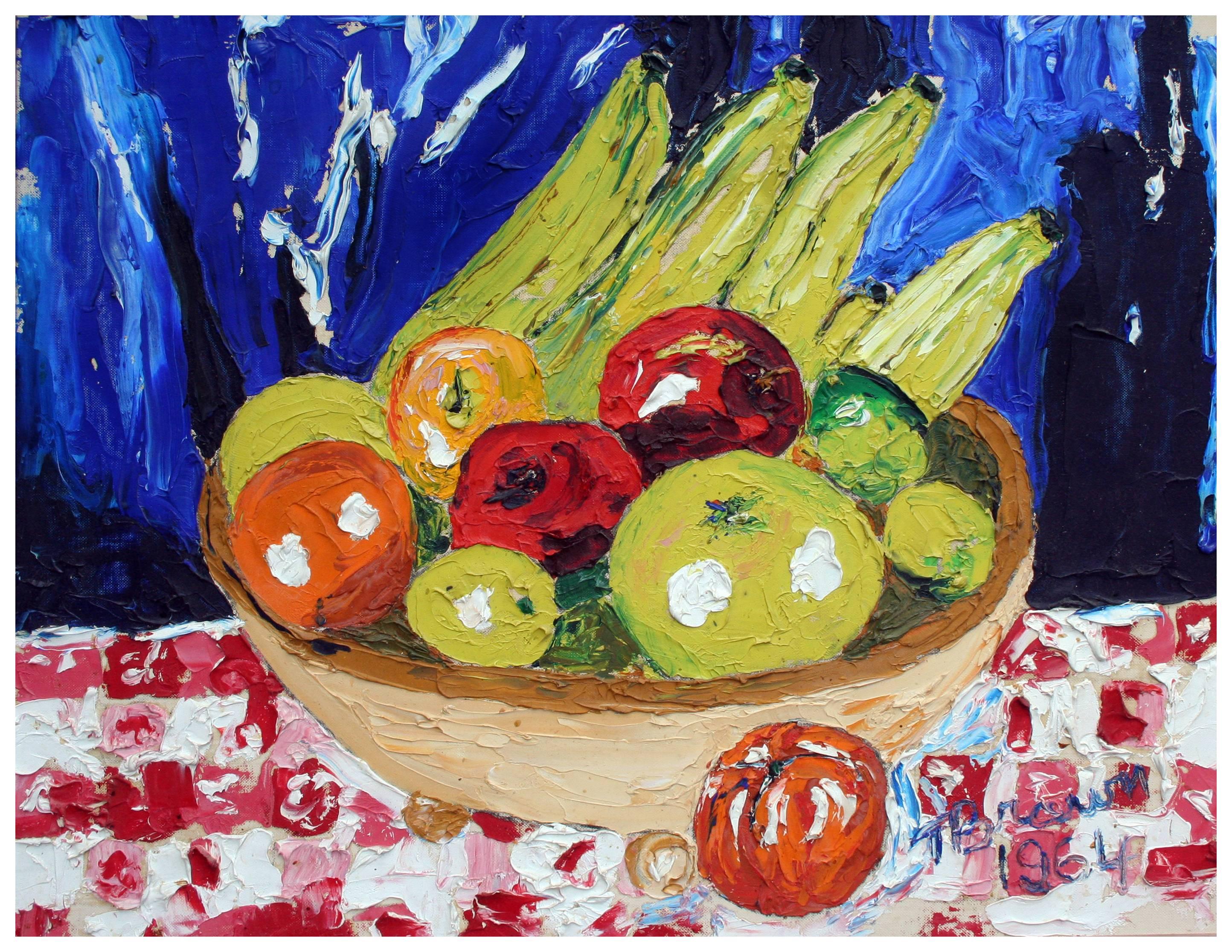 Mid Century Modern Fauvist Basket of Fruit Still-Life in Primary Colors - Painting by T. Brown
