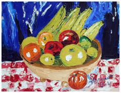 Mid Century Modern Fauvist Basket of Fruit Still-Life in Primary Colors