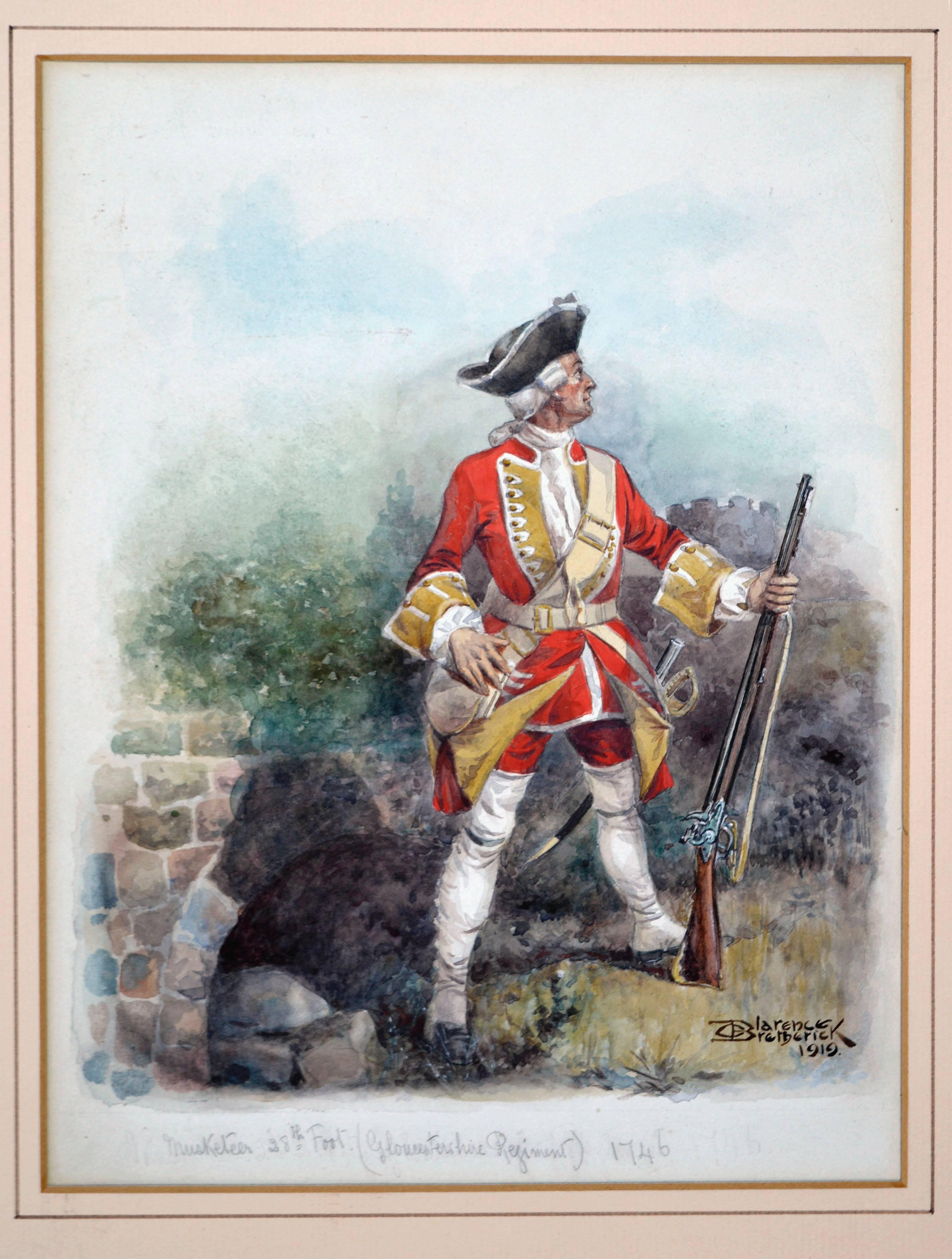 Musketeer 28th Foot (Gloucestershire Regiment) 1746 in Watercolor on Paper - Art by Clarence F. Bretherick