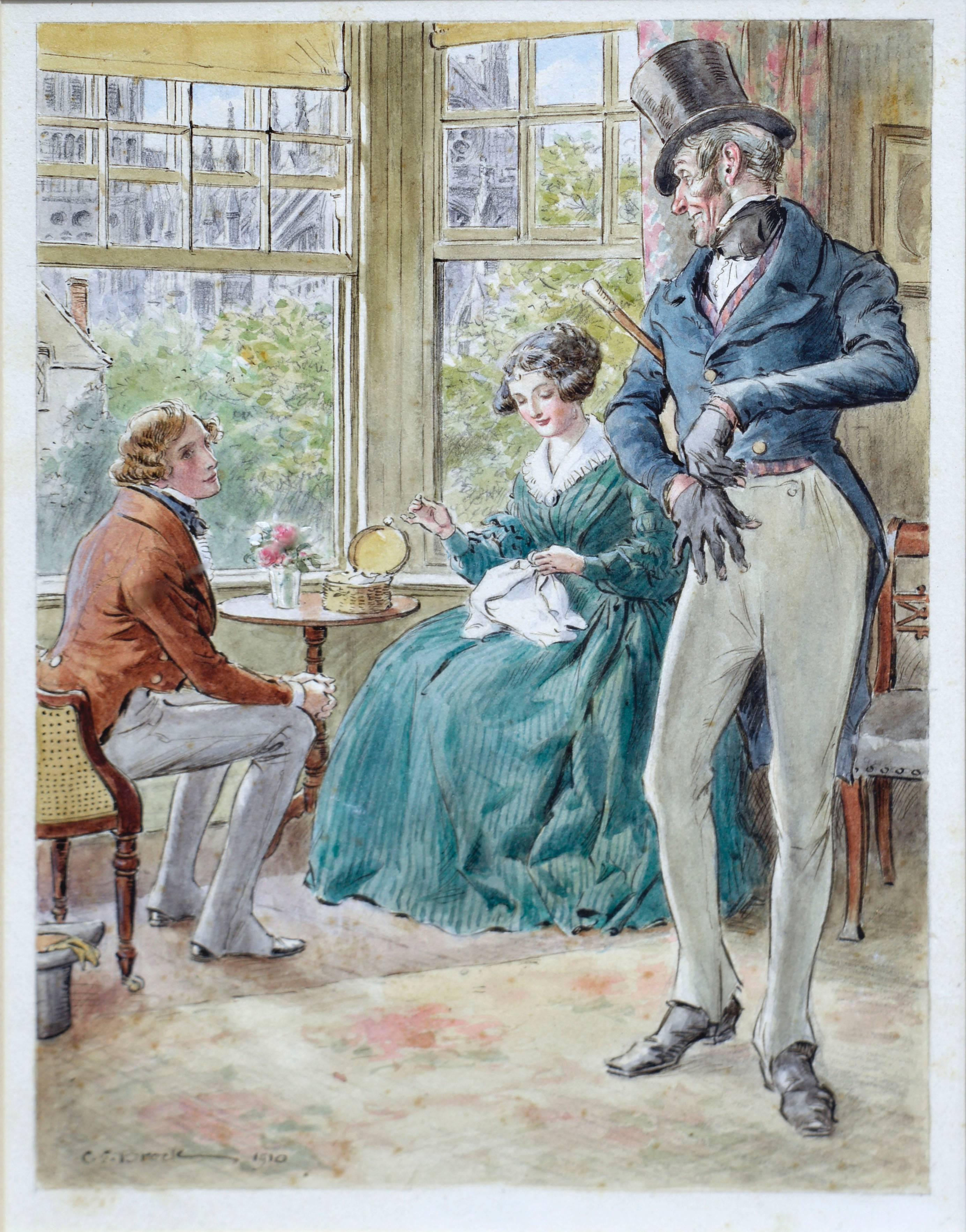 Raro acquerello dei primi anni del XX secolo  -- Pendennis, il capitano Costigan e Miss Fothering - Painting di Charles Edmund Brock