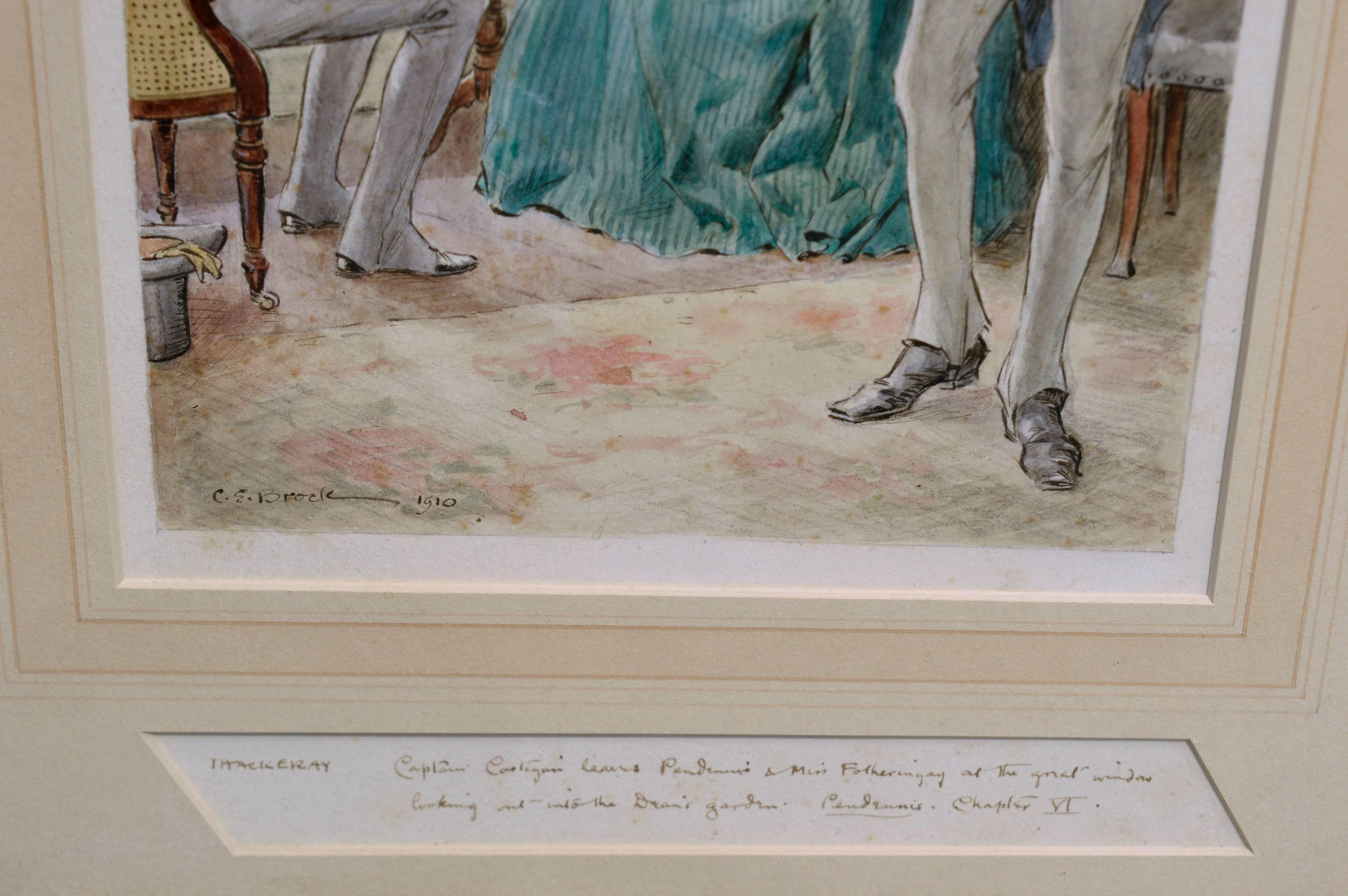 Rare aquarelle du dbut du 20e sicle  -- Pendennis, capitaine Costigan et Miss Fothering - Réalisme Painting par Charles Edmund Brock