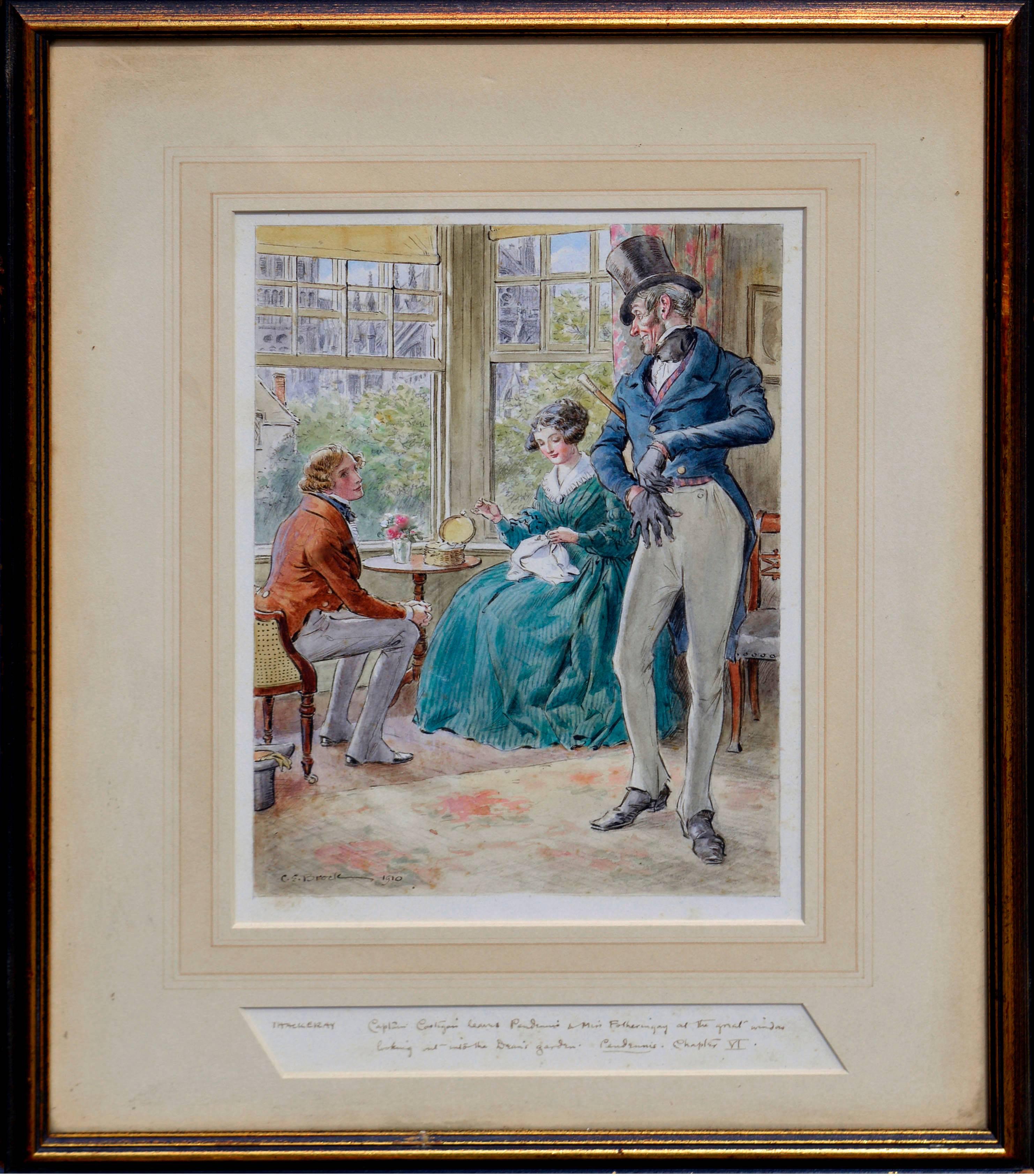 Interior Painting Charles Edmund Brock - Rare aquarelle du dbut du 20e sicle  -- Pendennis, capitaine Costigan et Miss Fothering